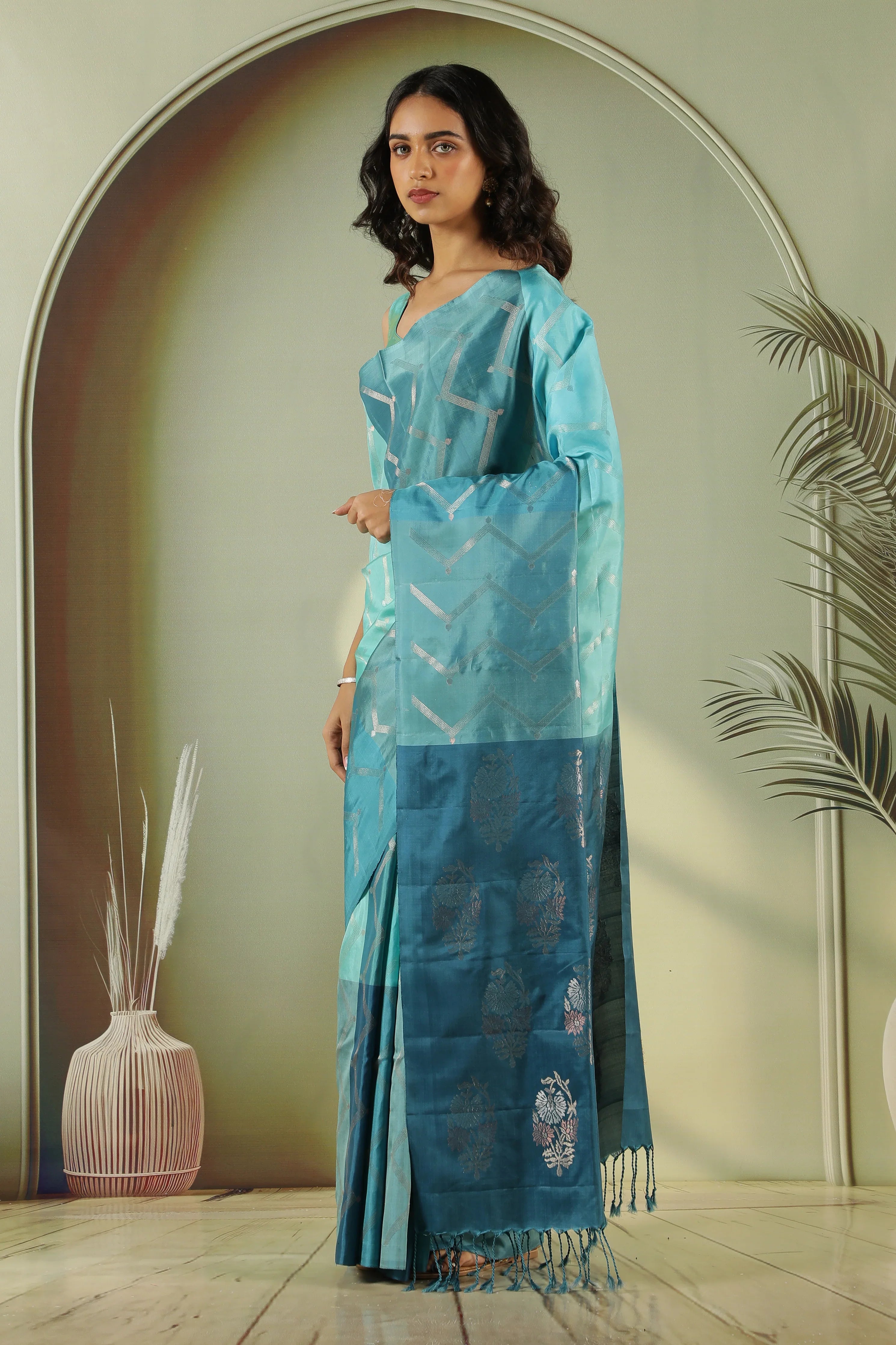 Turquoise Blue Soft Silk Saree with Zari Stripes & Contrast Blouse - Mokshaa