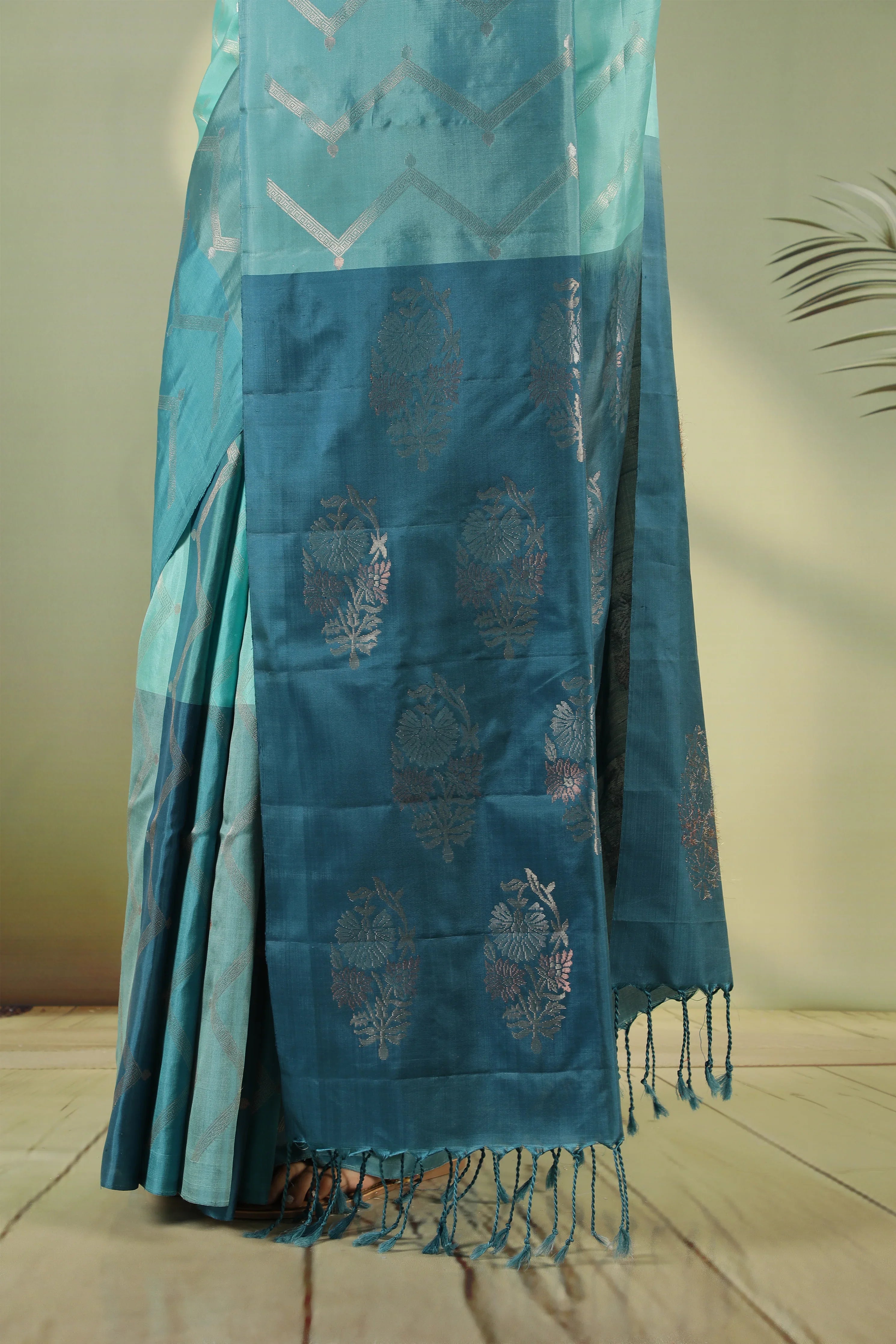 Turquoise Blue Soft Silk Saree with Zari Stripes & Contrast Blouse - Mokshaa