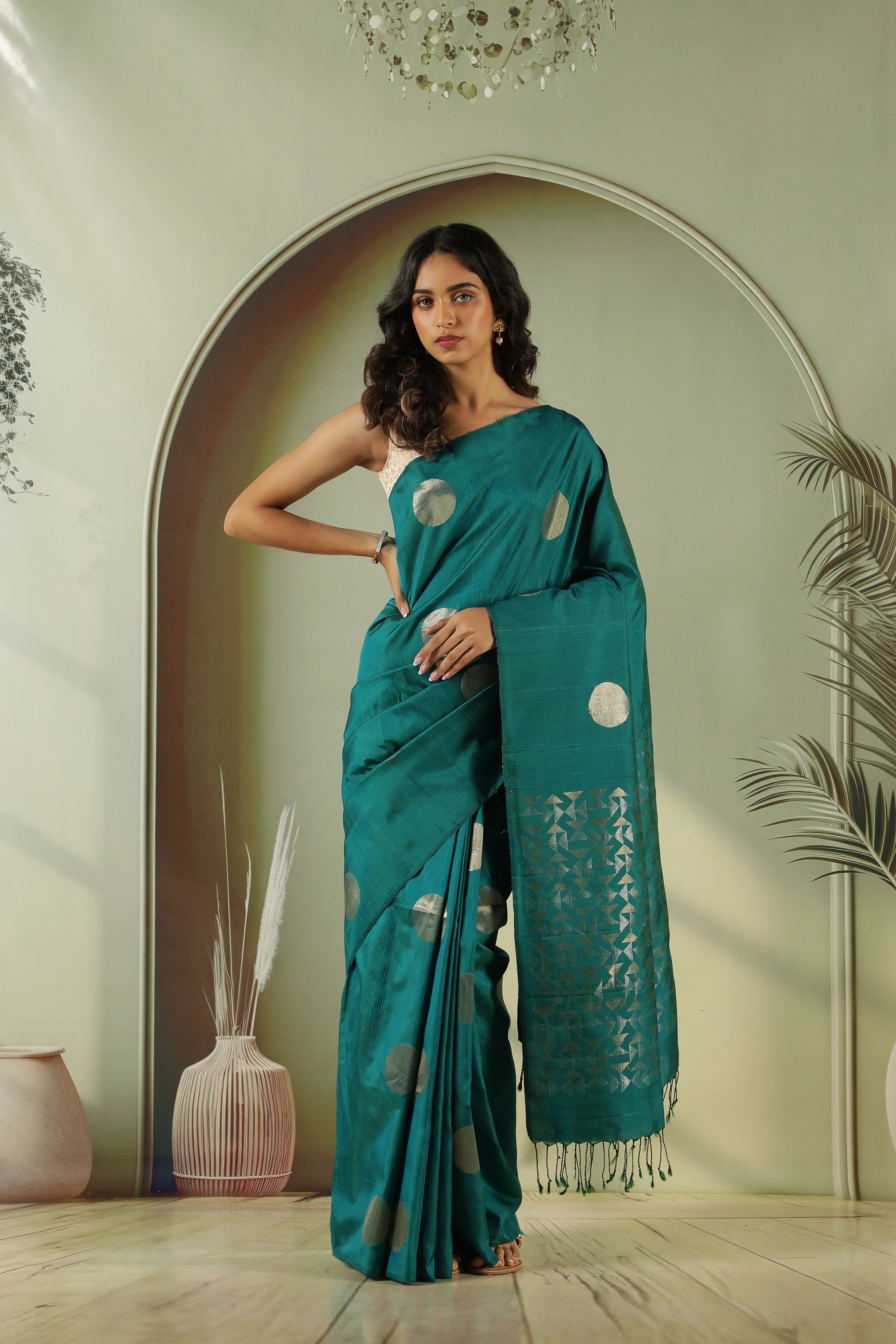 Peacock Green Soft Silk Saree with Coin Butta & Zari Pallu - Mokshaa