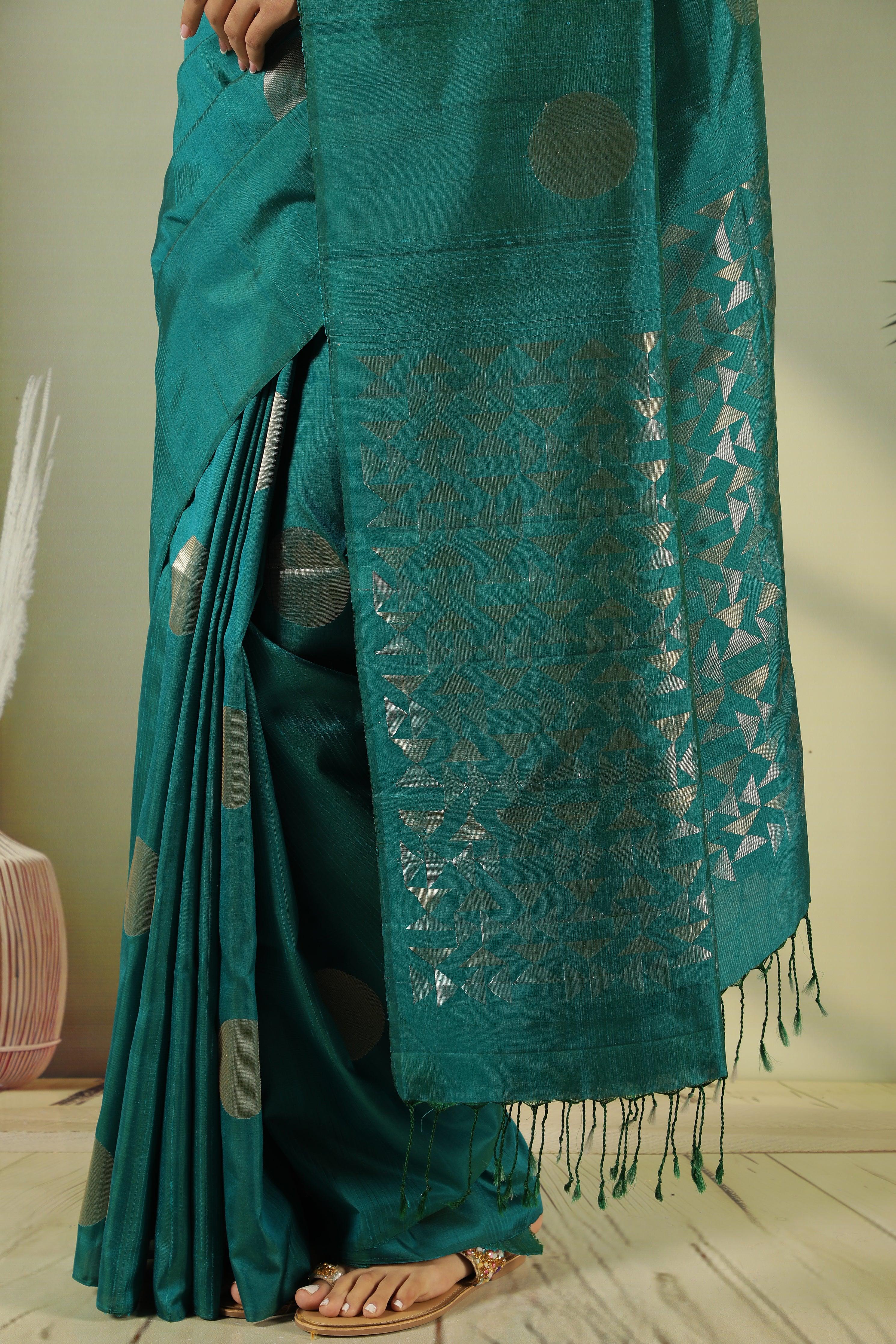 Peacock Green Soft Silk Saree with Coin Butta & Zari Pallu - Mokshaa