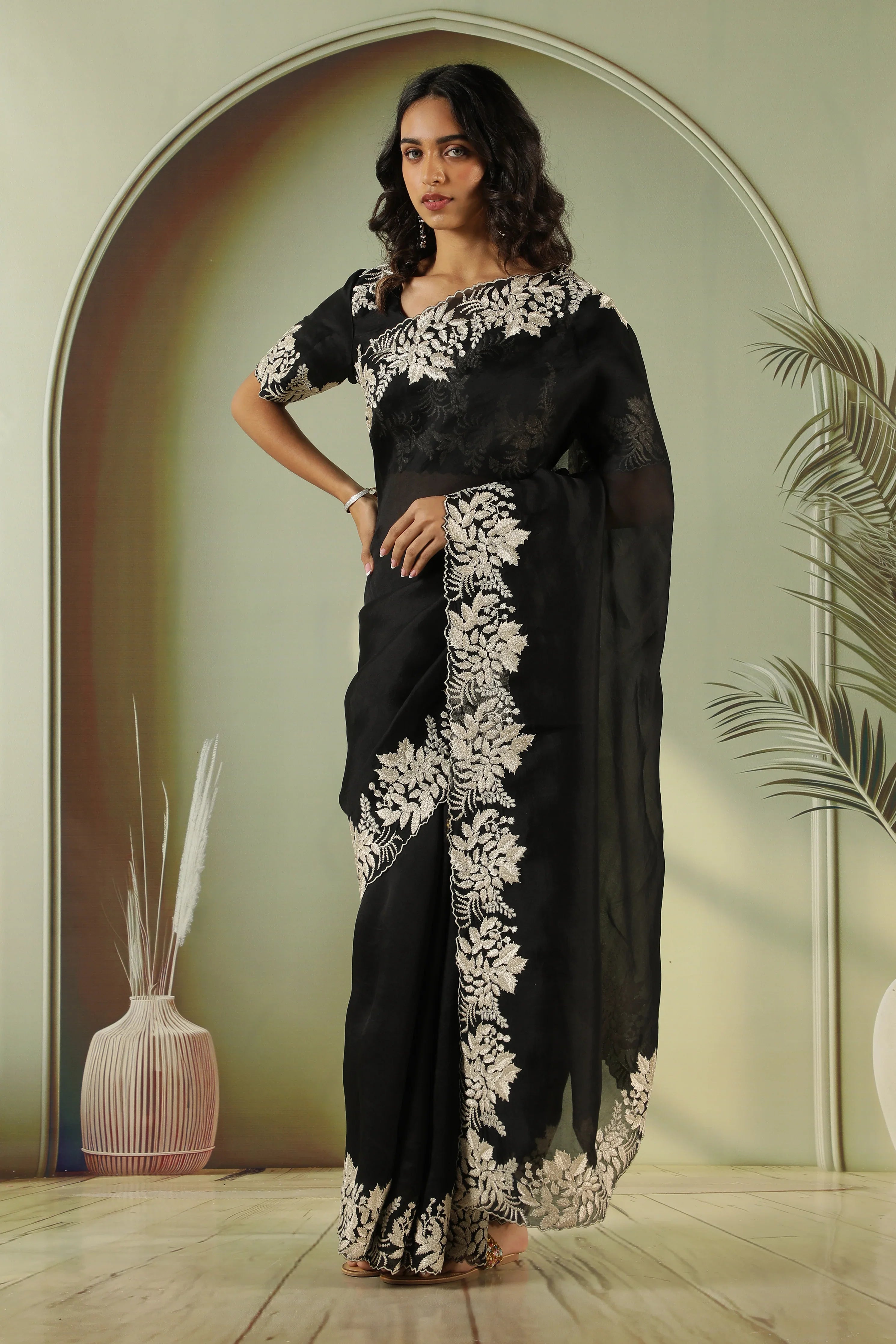Black Organza Saree with Embroidery Border - Mokshaa