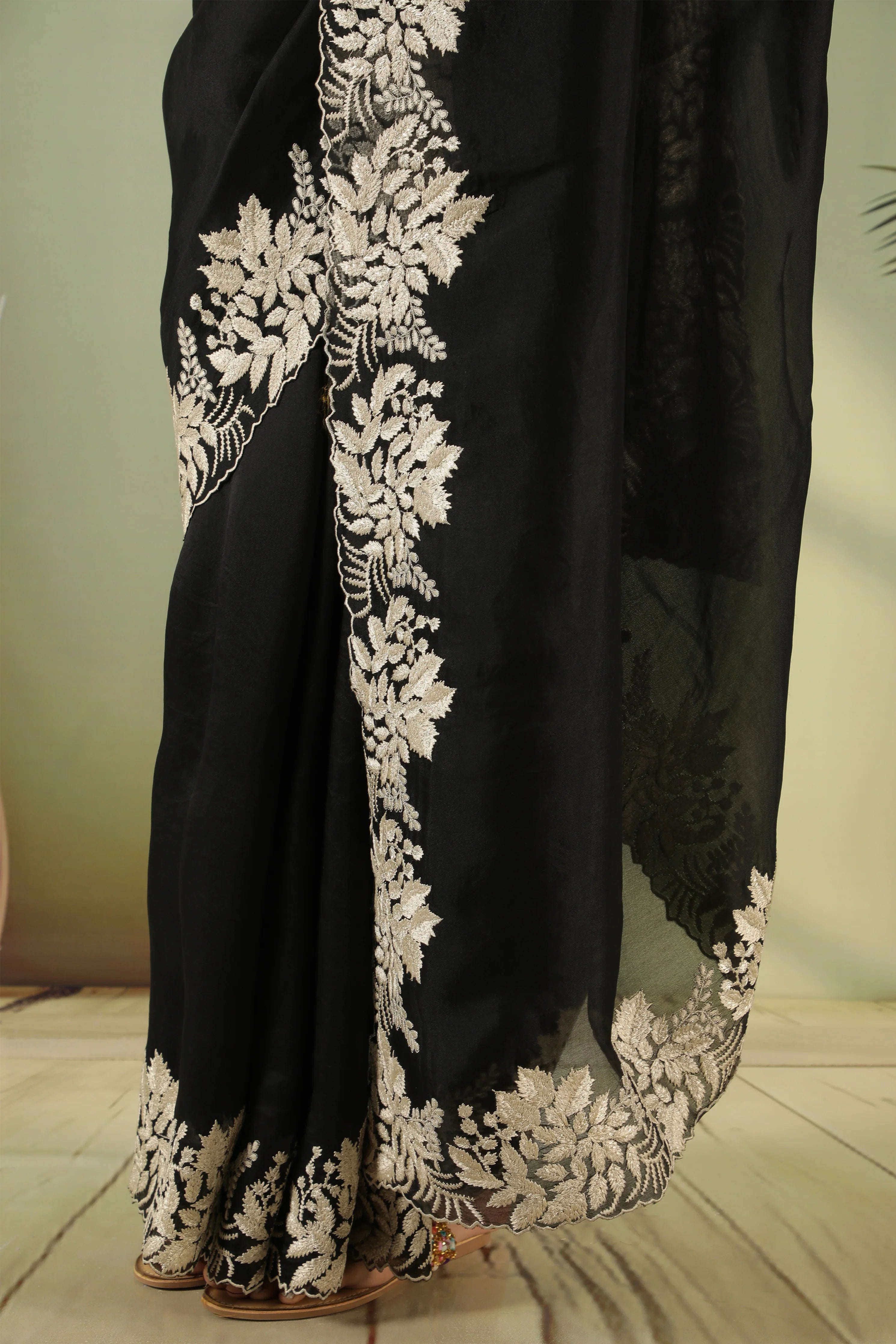 Black Organza Saree with Embroidery Border - Mokshaa