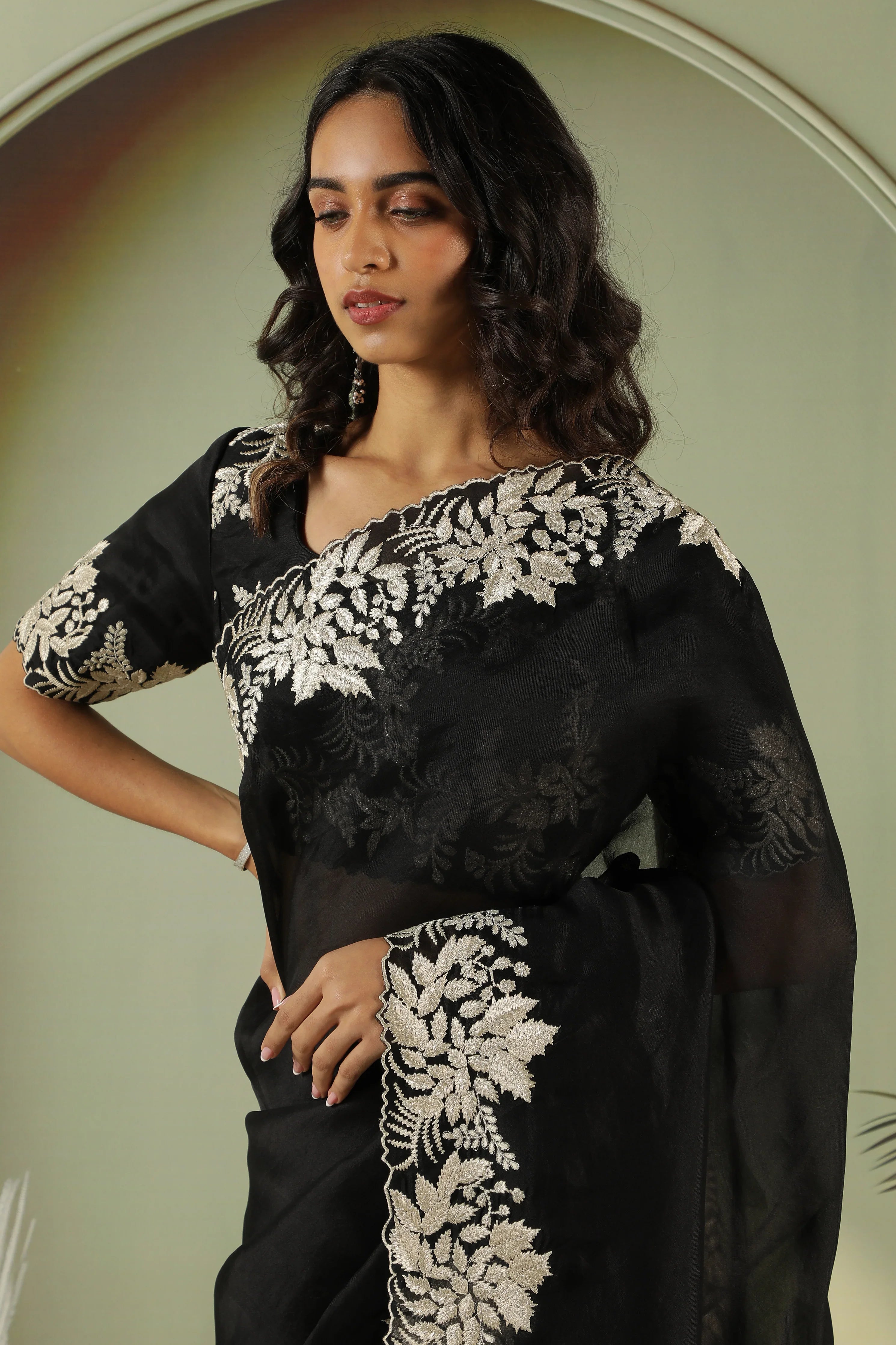 Black Organza Saree with Embroidery Border - Mokshaa