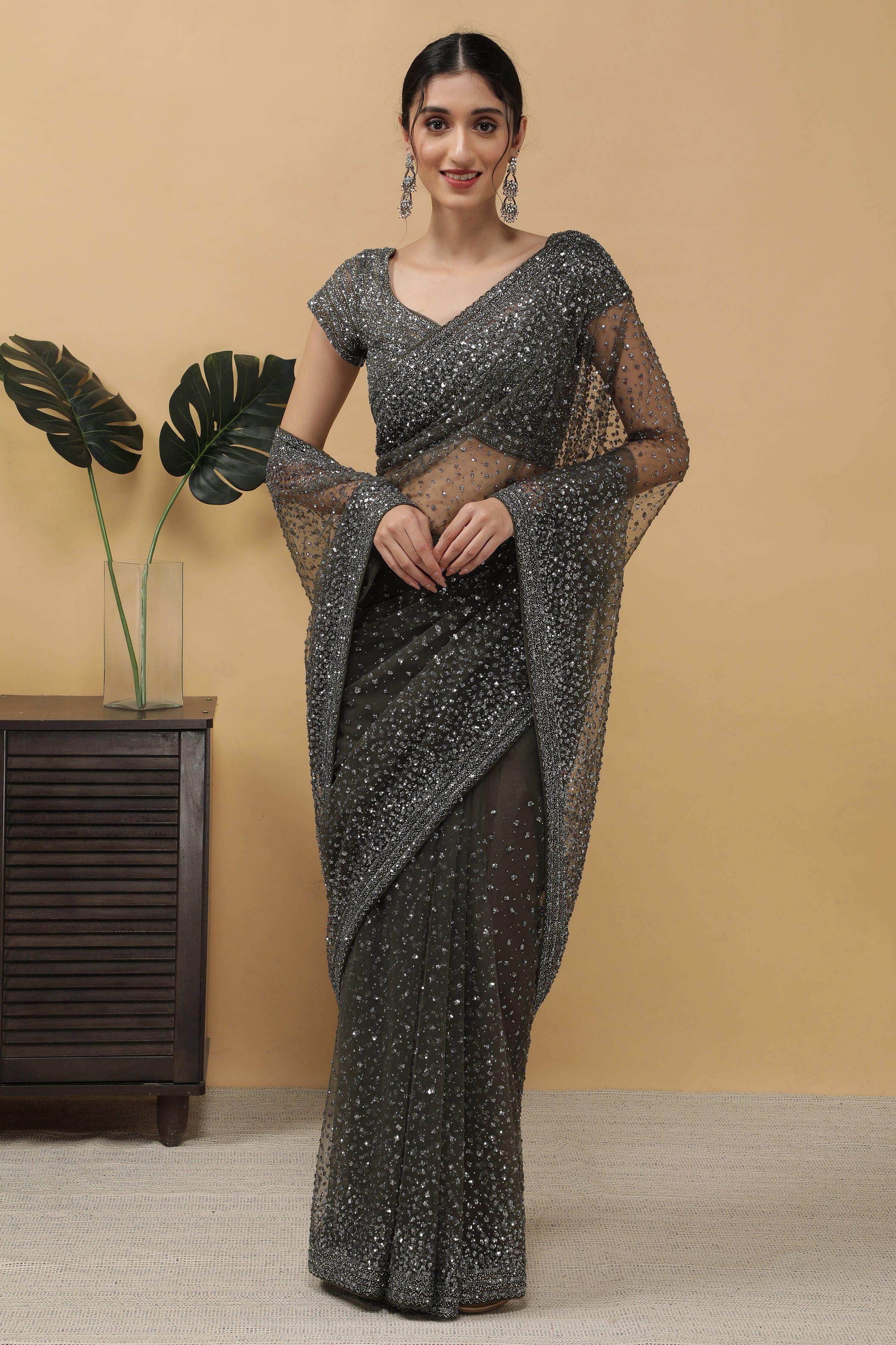 Dusty Green Net Saree With sequins - Mokshaa