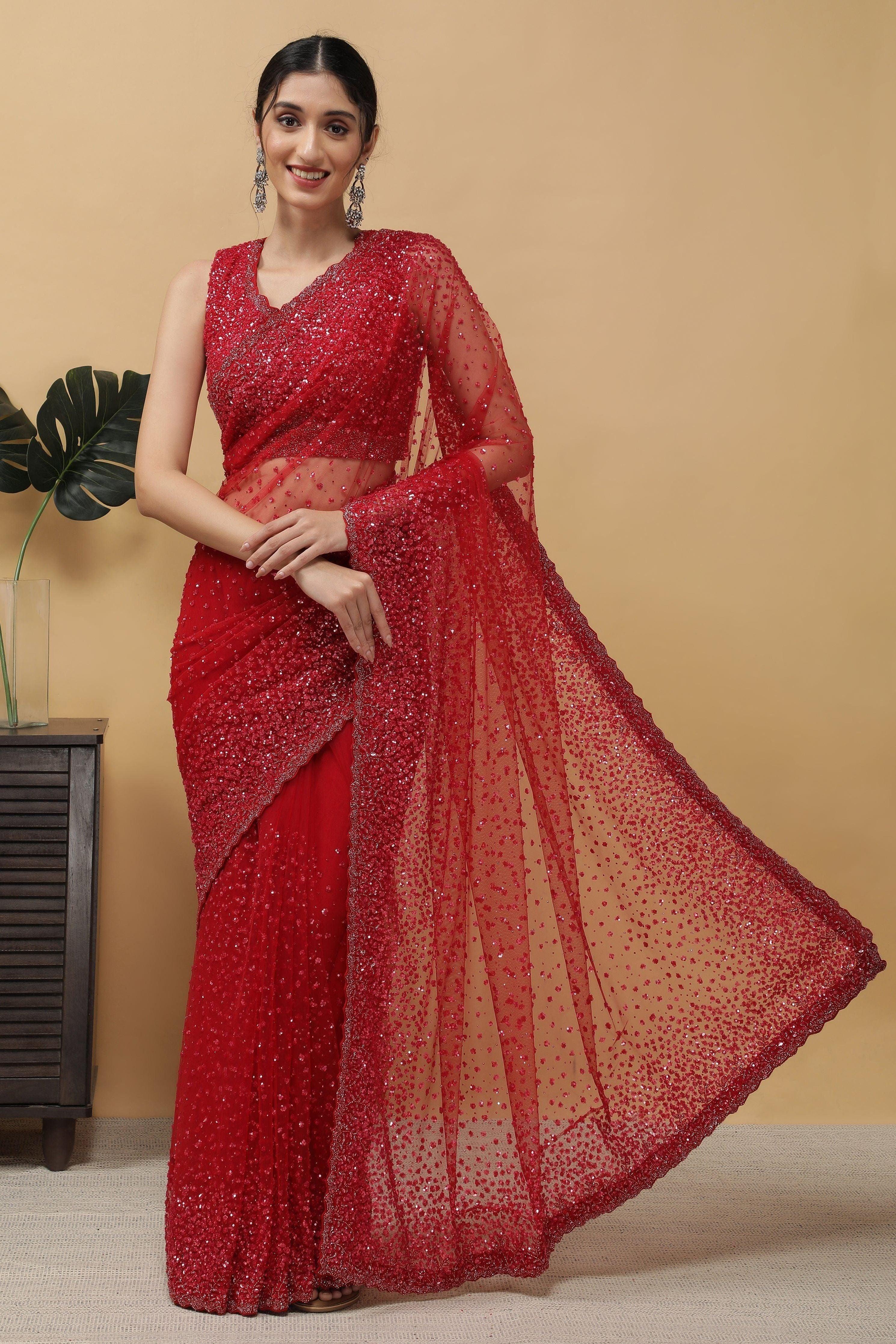 Red Net Saree With Sequins Work - Mokshaa