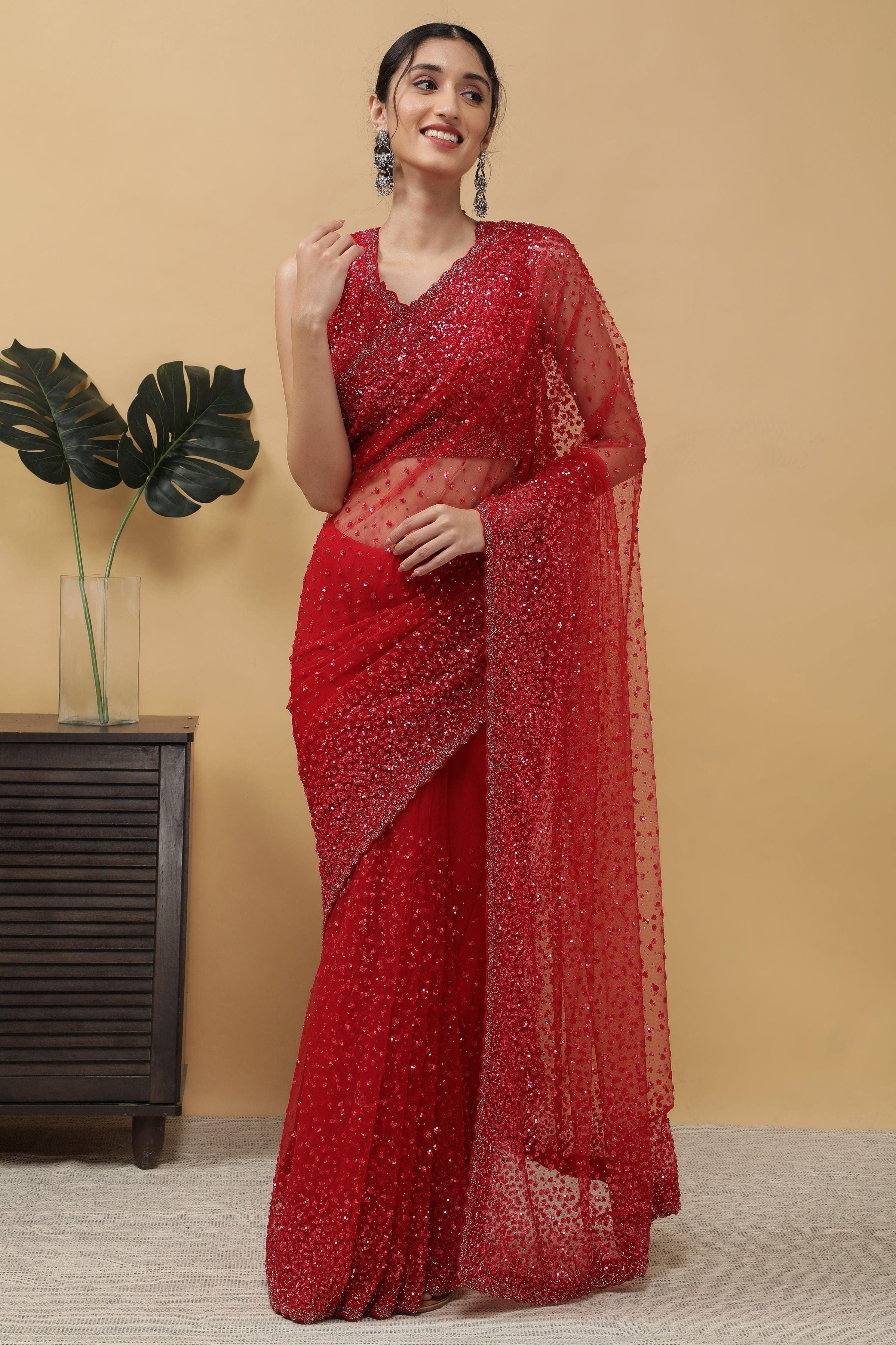 Red Net Saree With Sequins Work - Mokshaa