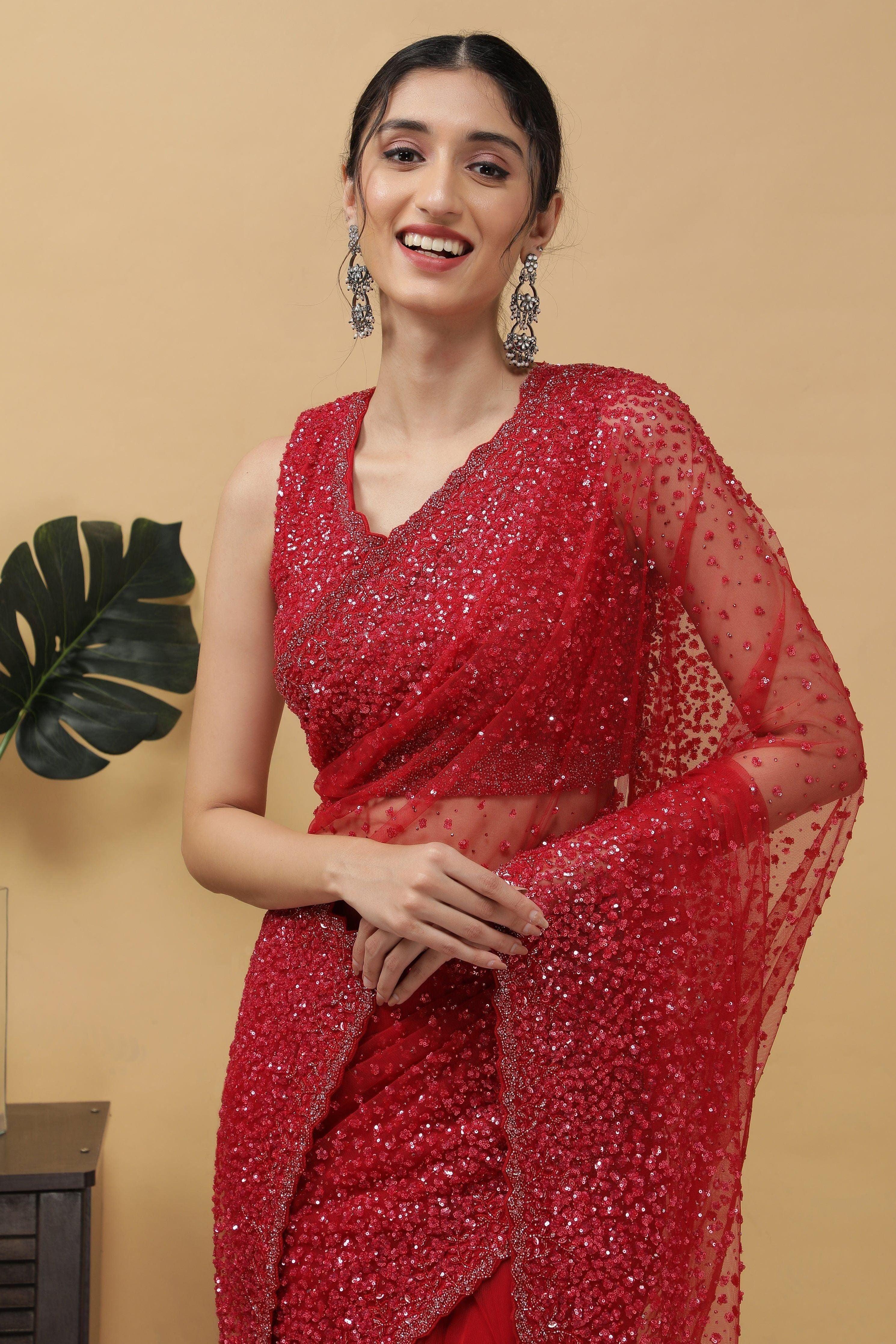 Red Net Saree With Sequins Work - Mokshaa