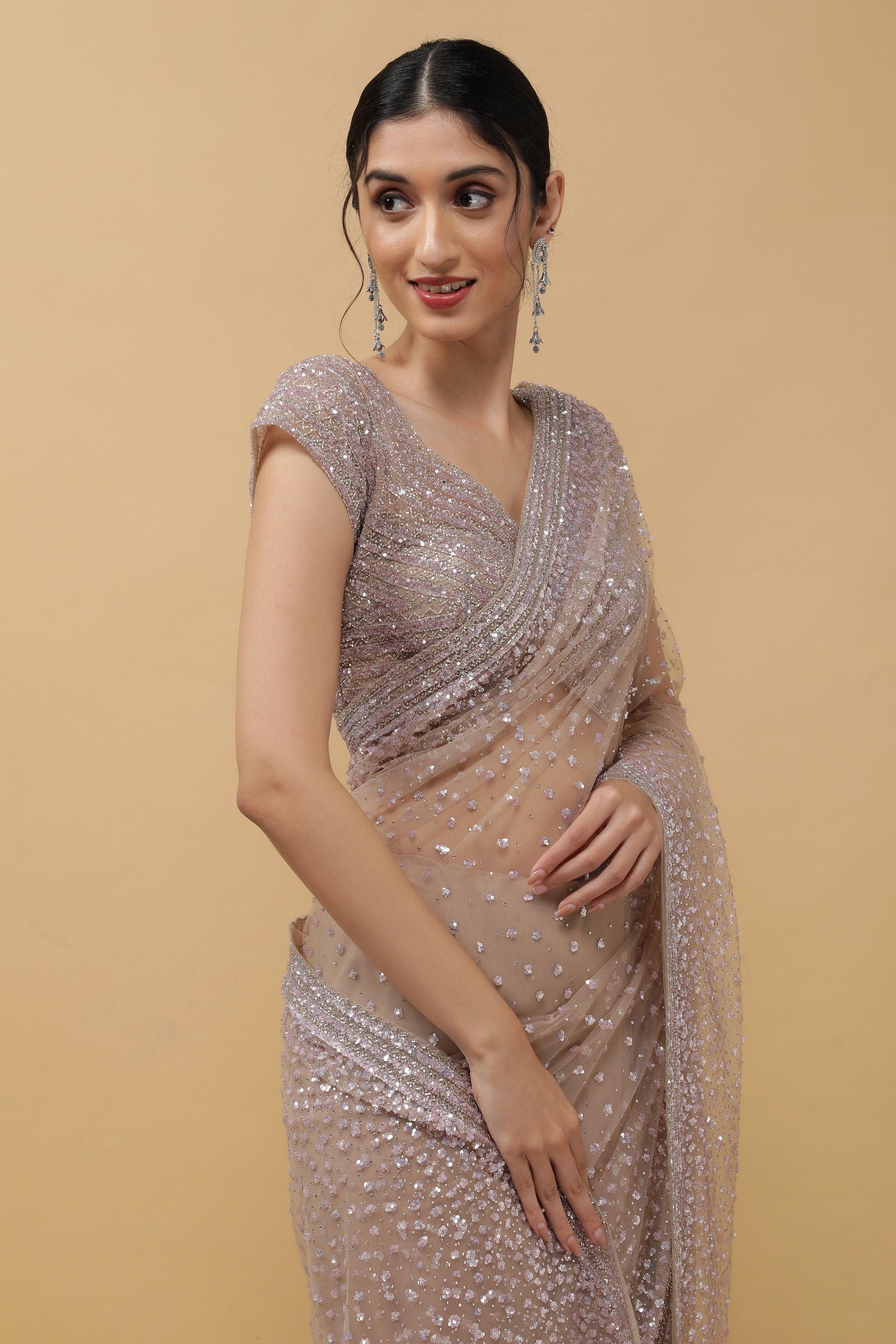 Chikoo Net Saree sequins work - Mokshaa
