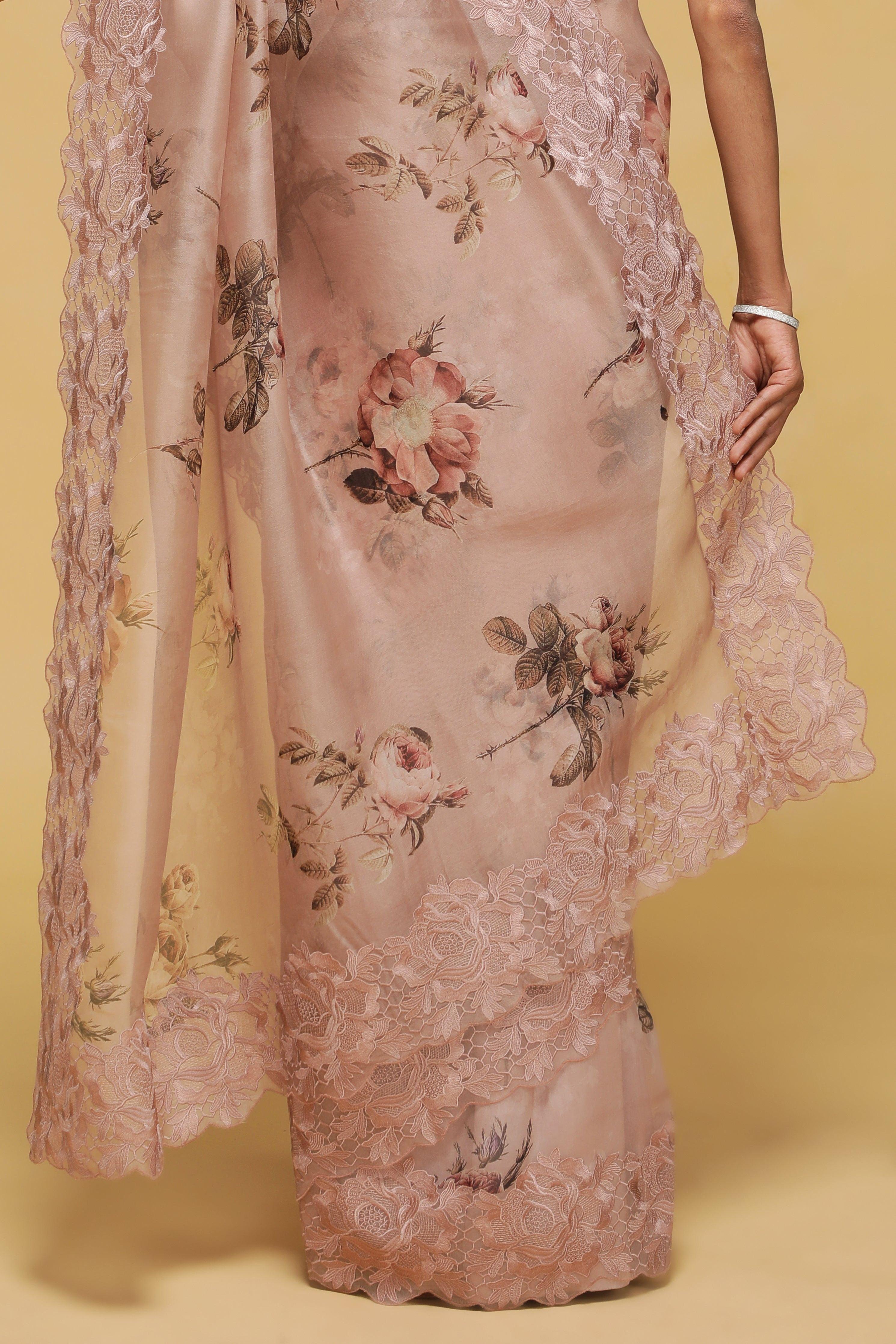 Dusty Peach Organza Saree with Floral Print and Thread Embroidery - Mokshaa