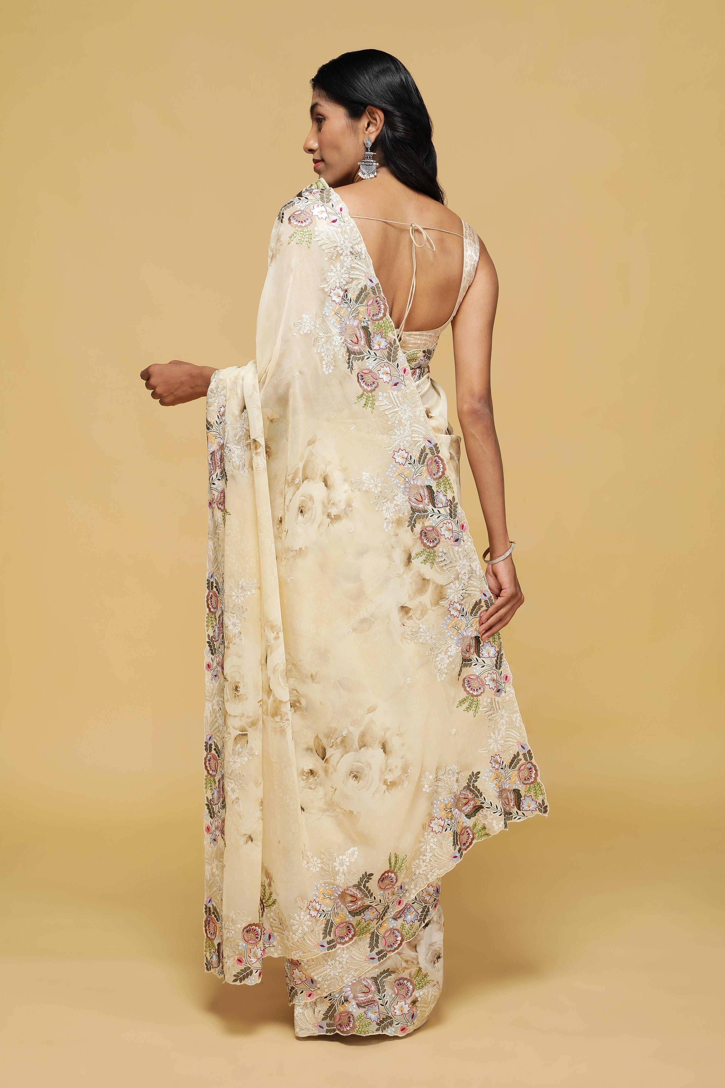 Beige Floral Georgette Saree with Multi-Thread Embroidered Border - Mokshaa