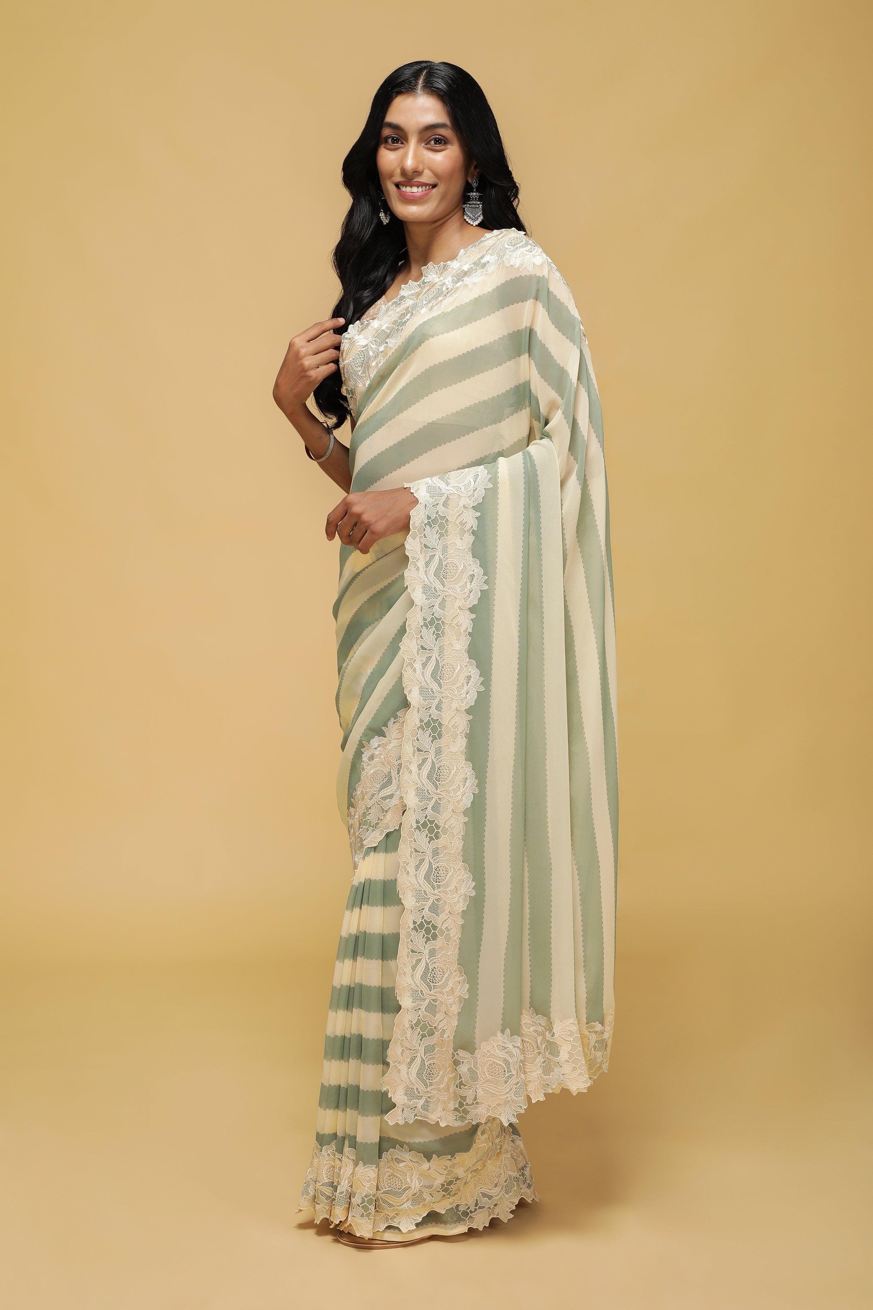 Green & Off-White Striped Georgette Saree with Thread Lace Border - Mokshaa