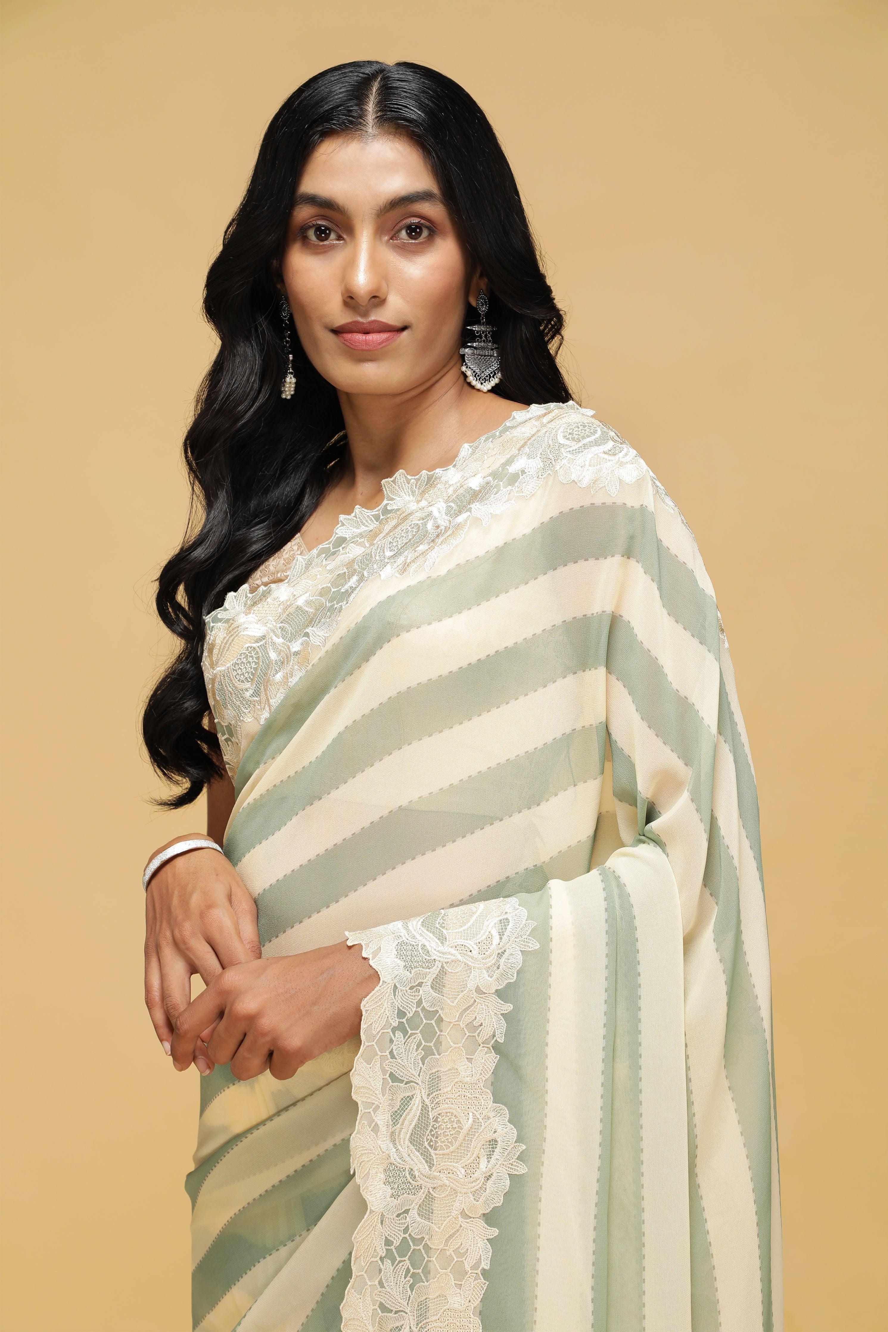 Green & Off-White Striped Georgette Saree with Thread Lace Border - Mokshaa