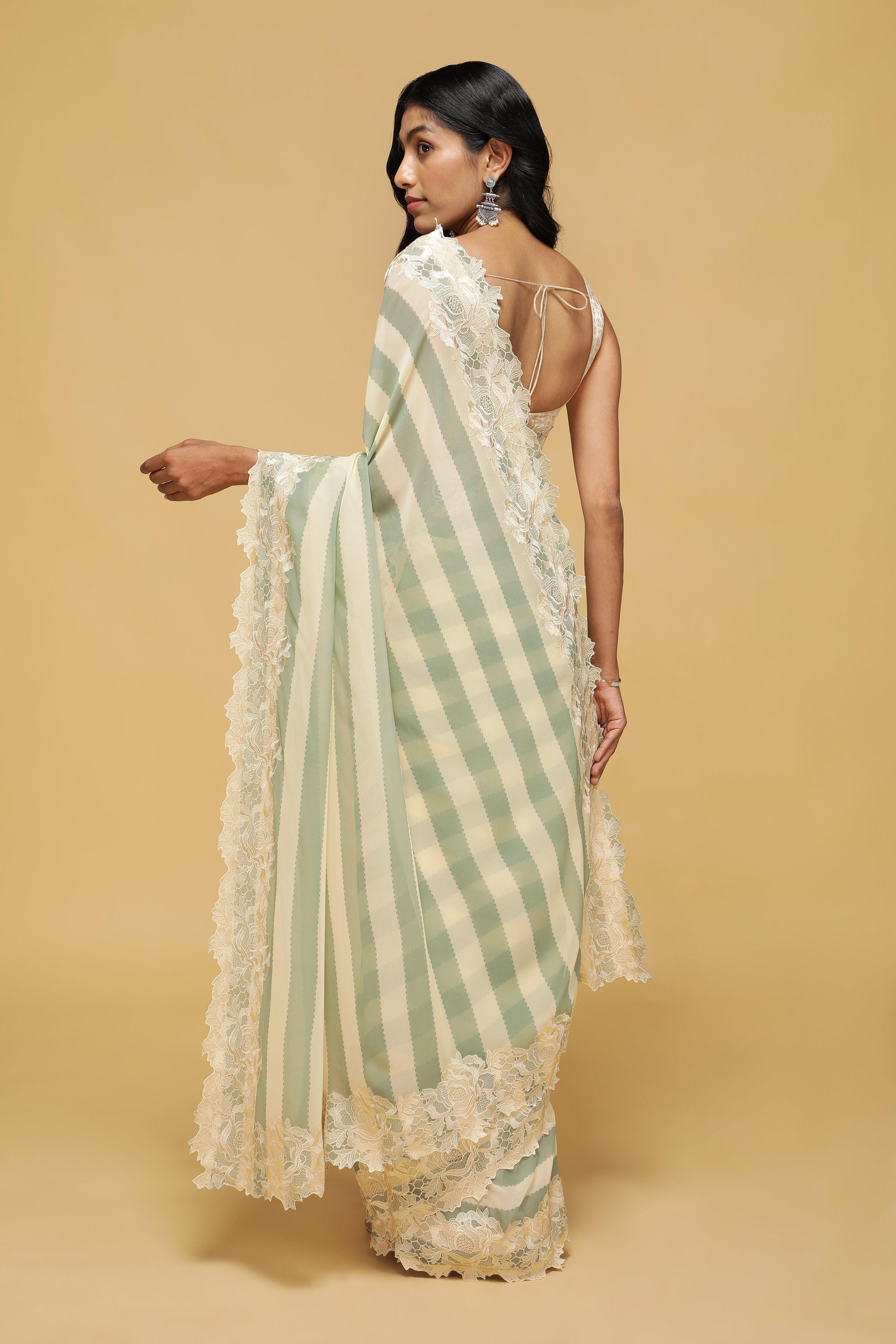 Green & Off-White Striped Georgette Saree with Thread Lace Border - Mokshaa