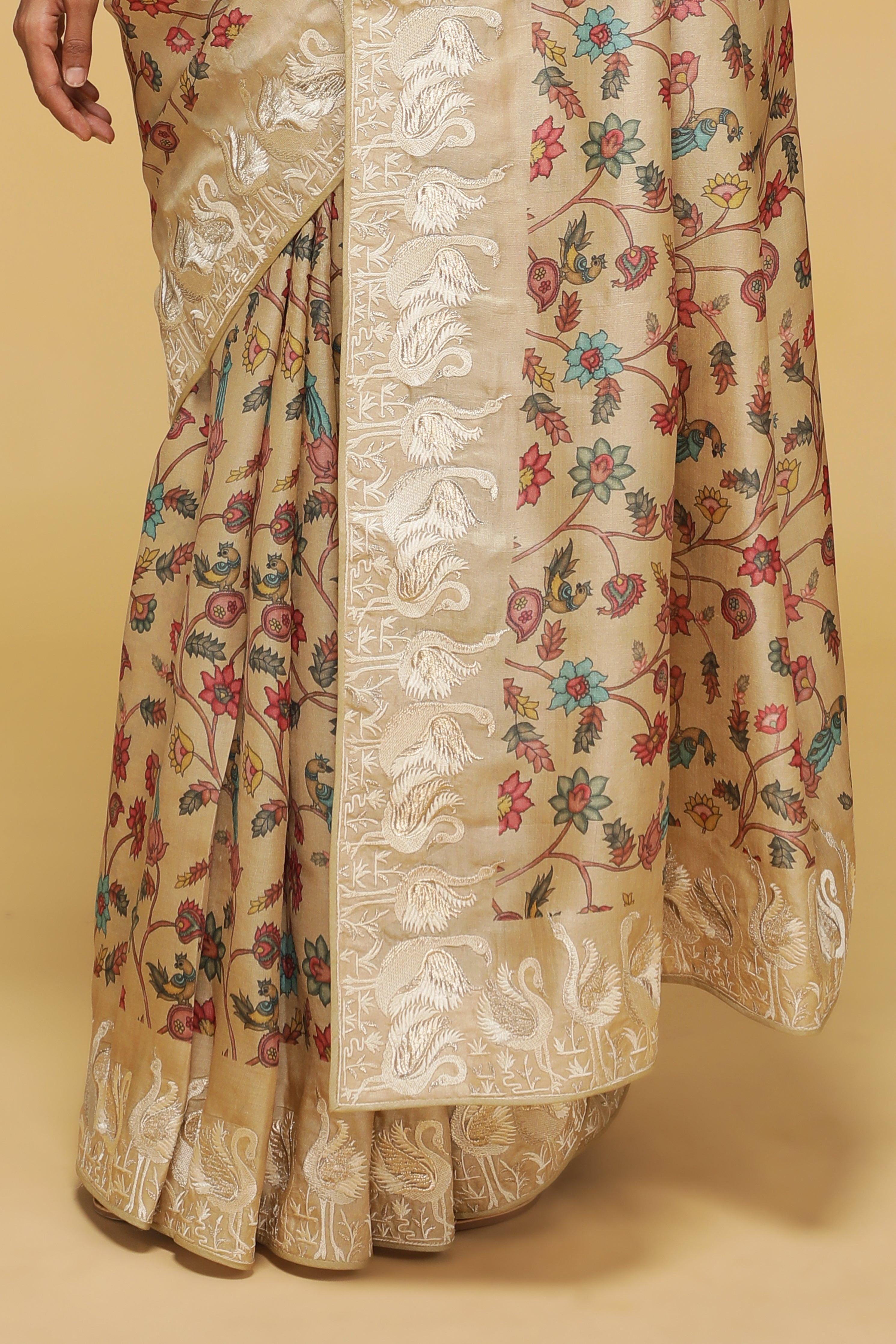 Beige Tussar Saree with Kalamkari Print & Swan Zari Border - Mokshaa