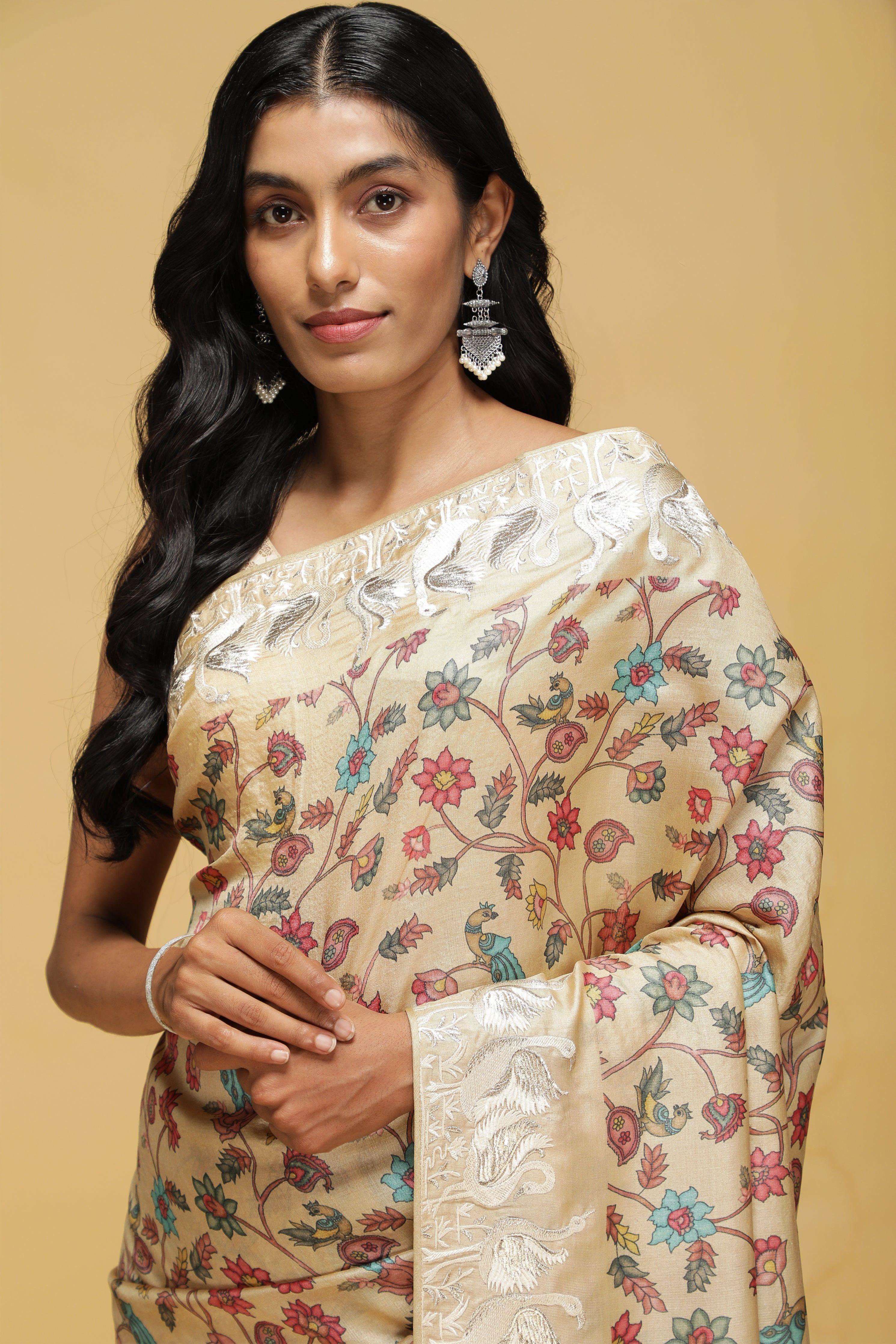 Beige Tussar Saree with Kalamkari Print & Swan Zari Border - Mokshaa