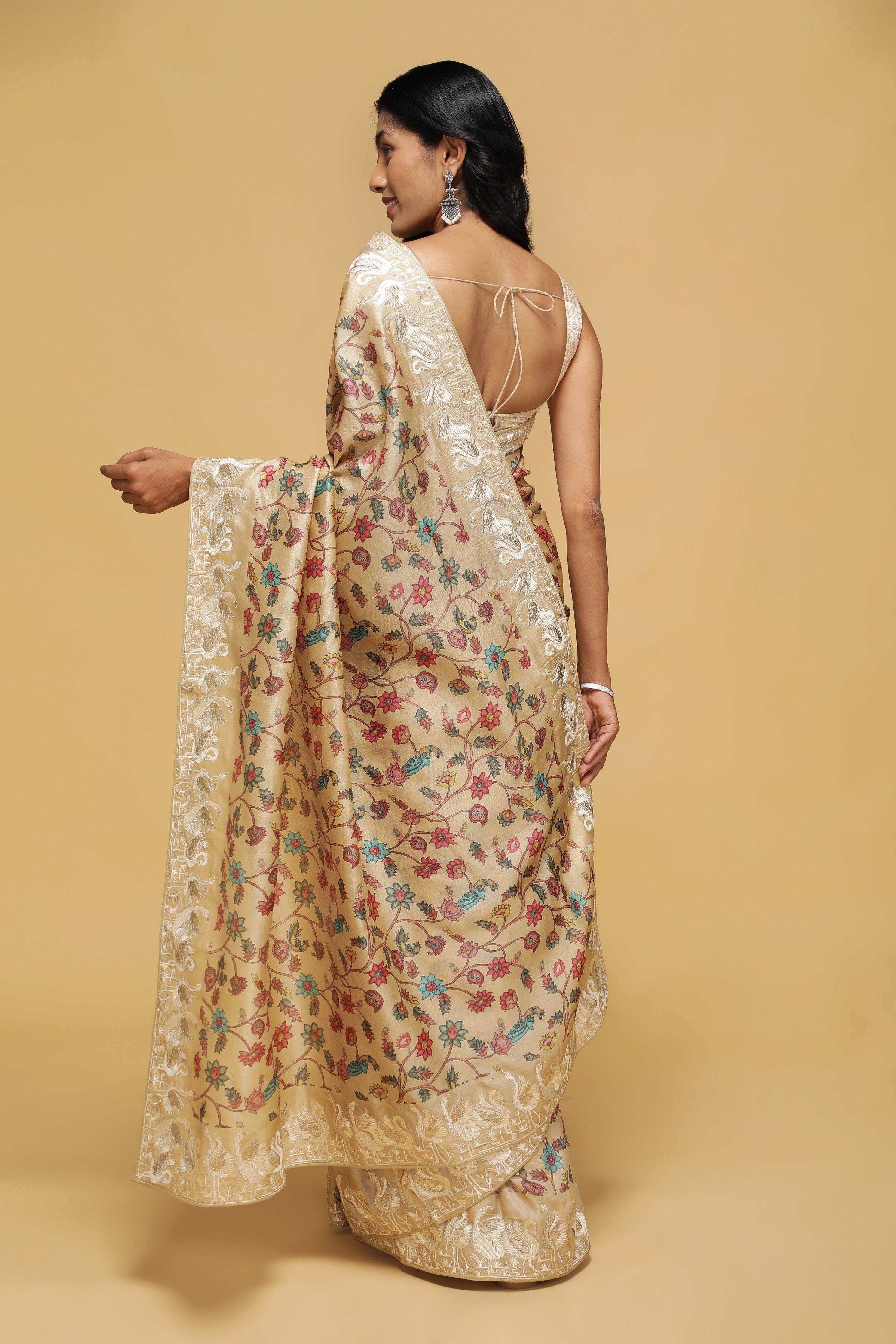 Beige Tussar Saree with Kalamkari Print & Swan Zari Border - Mokshaa