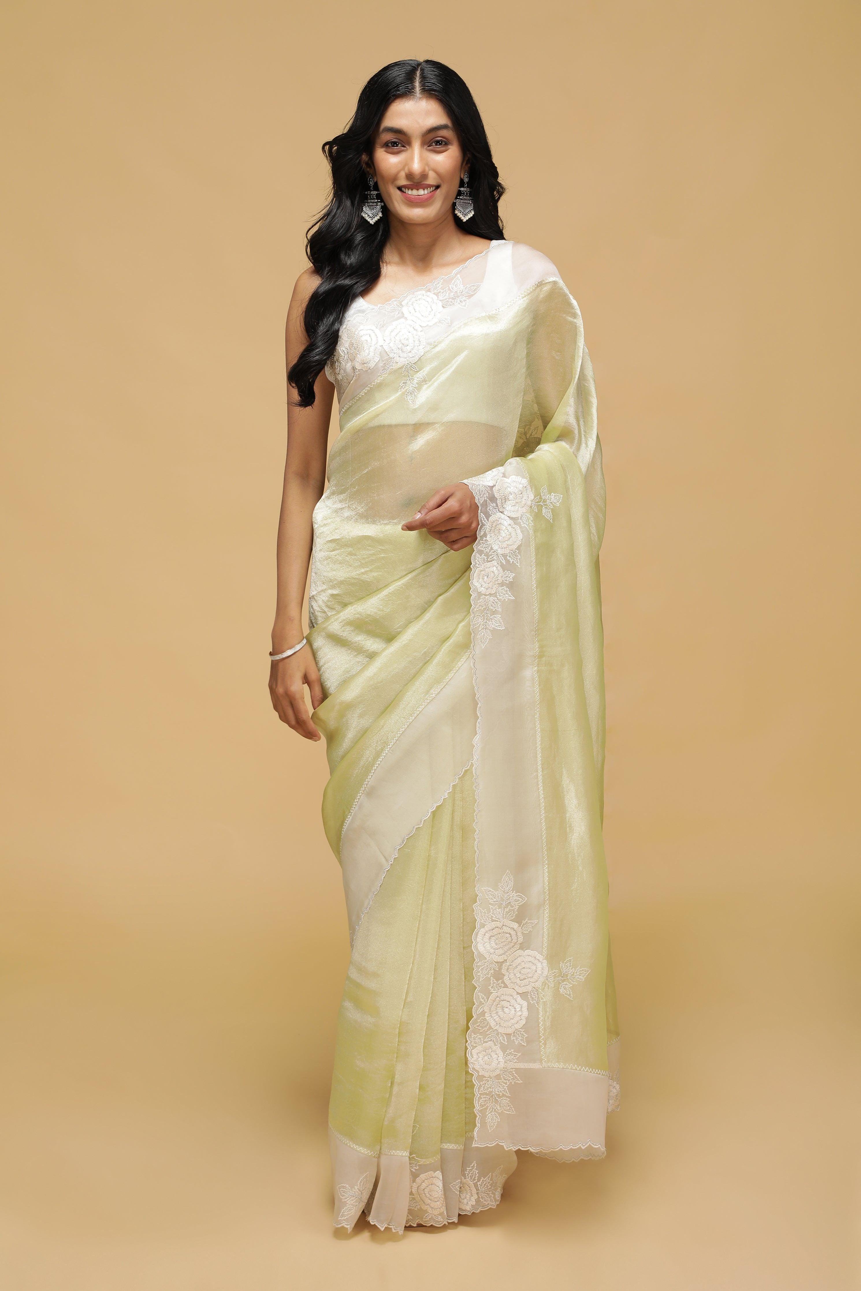 Sea Green Organza Saree with White Thread Border - Mokshaa