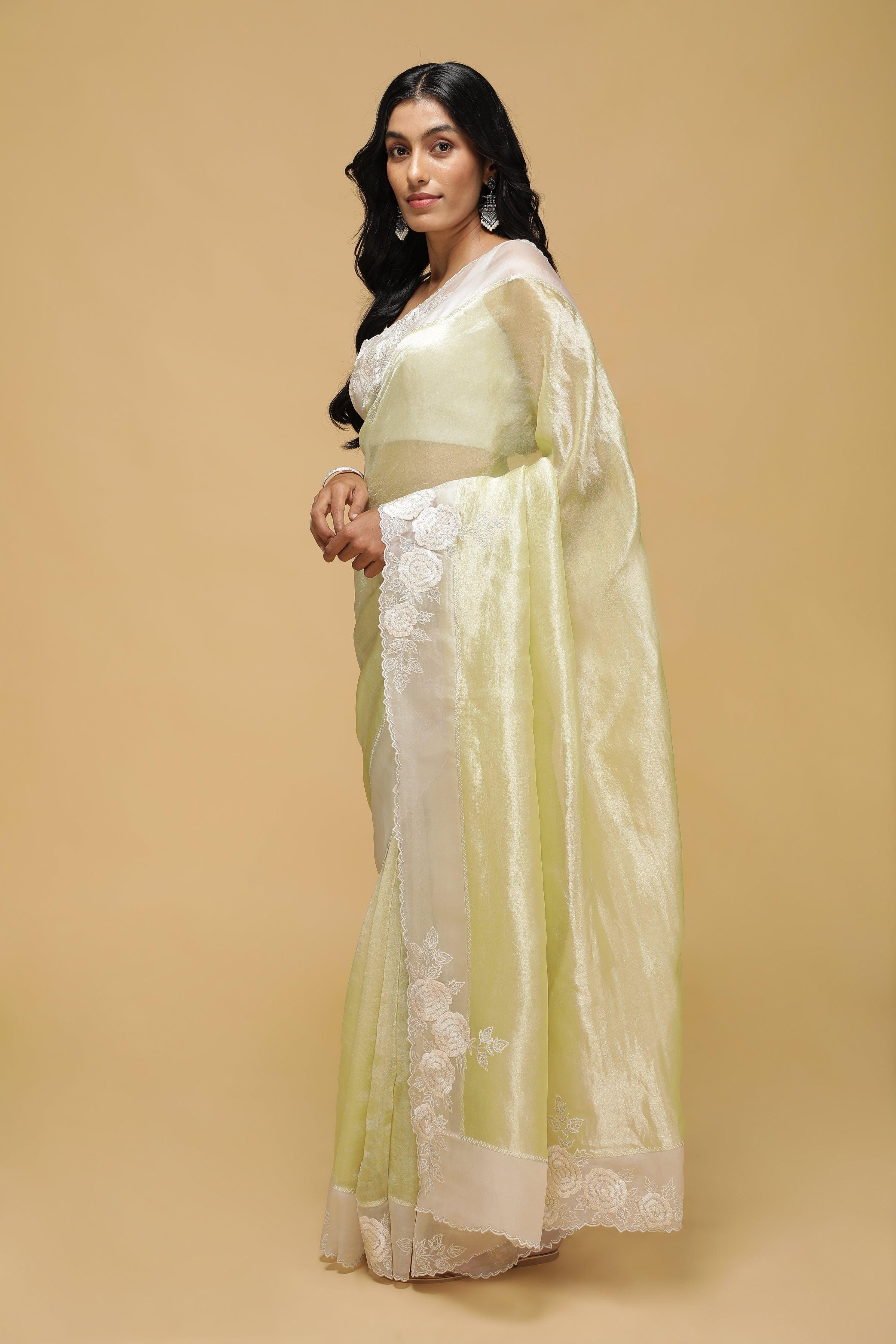Sea Green Organza Saree with White Thread Border - Mokshaa