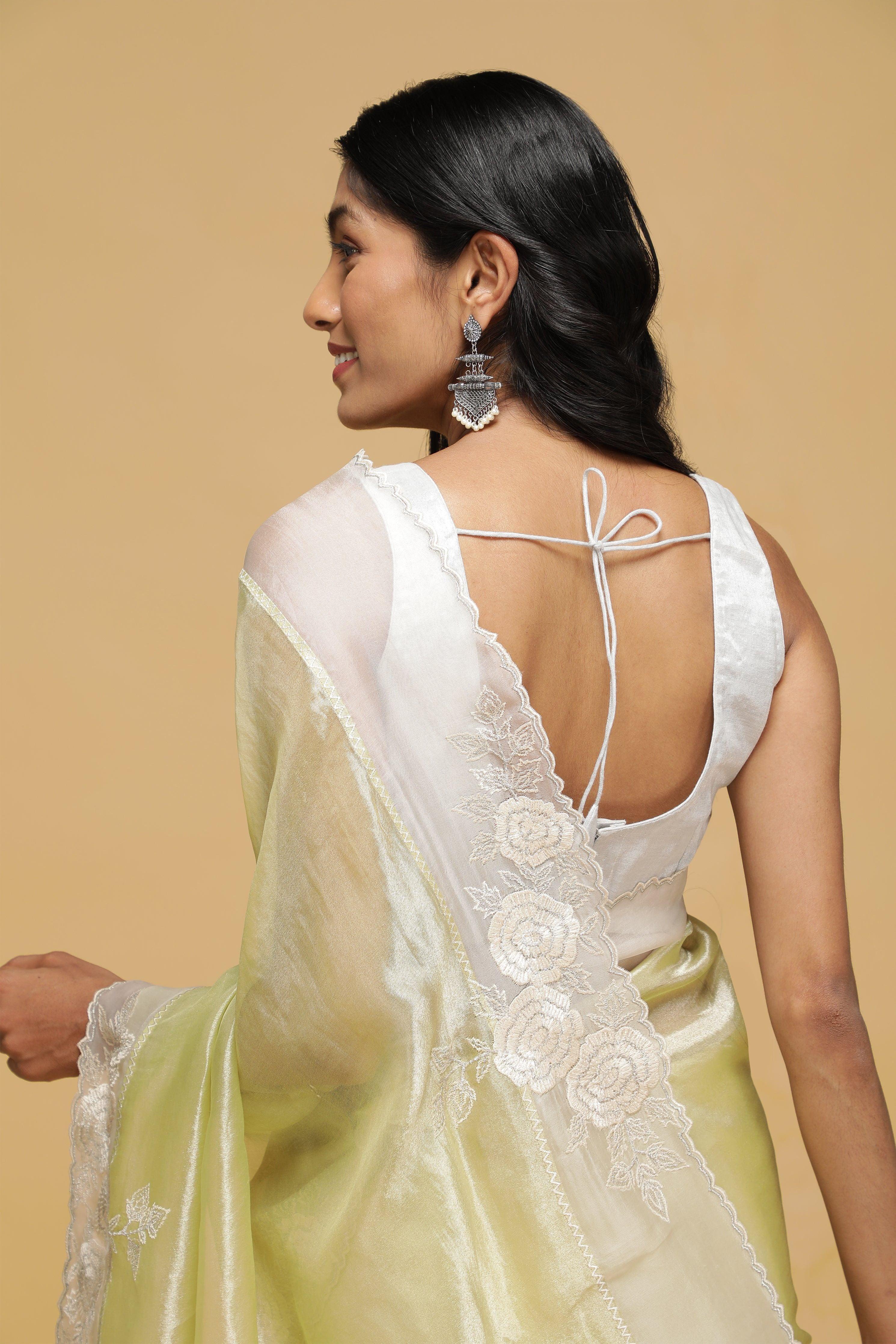 Sea Green Organza Saree with White Thread Border - Mokshaa