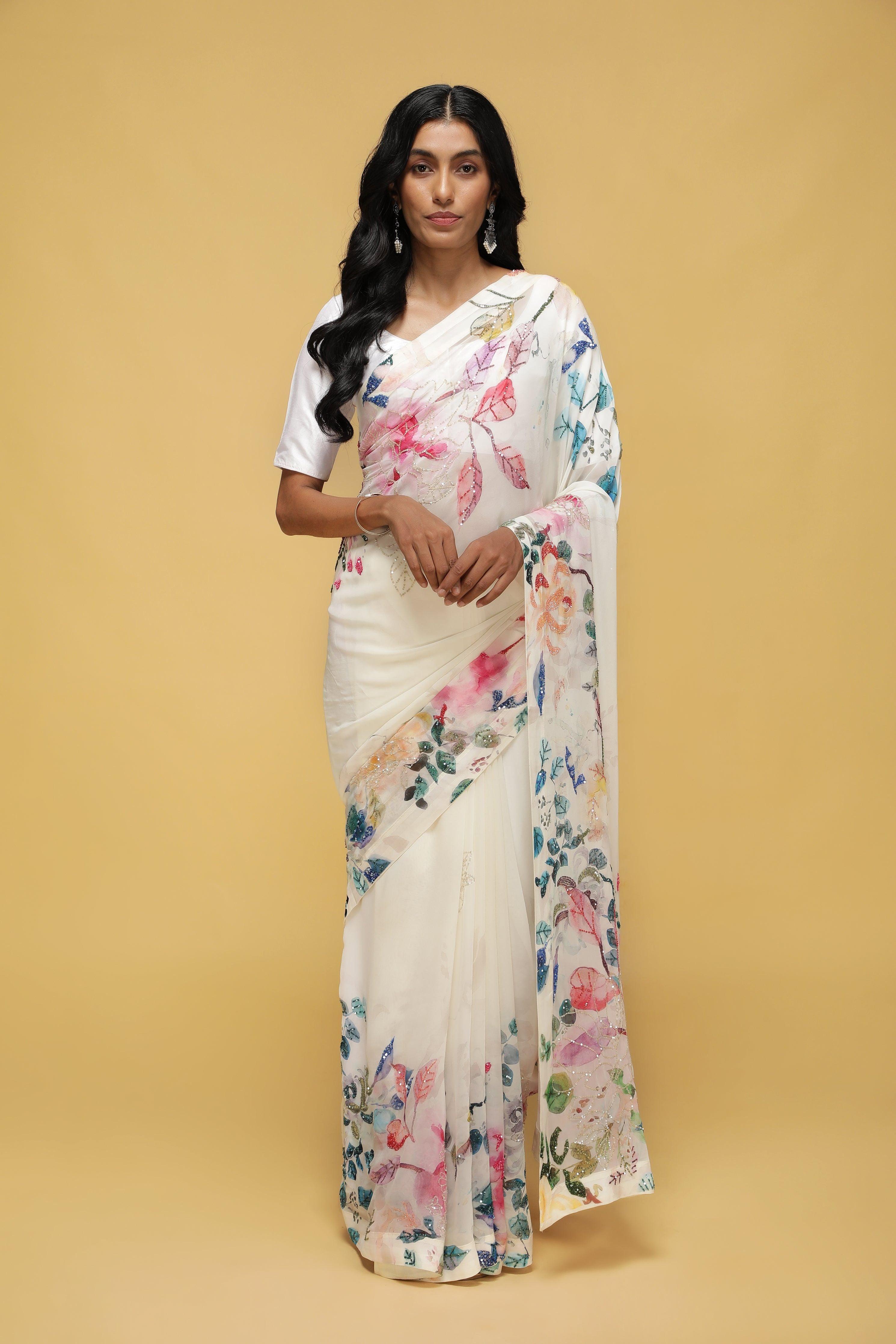 Off-White Georgette Saree with Printed Sequin Border - Mokshaa