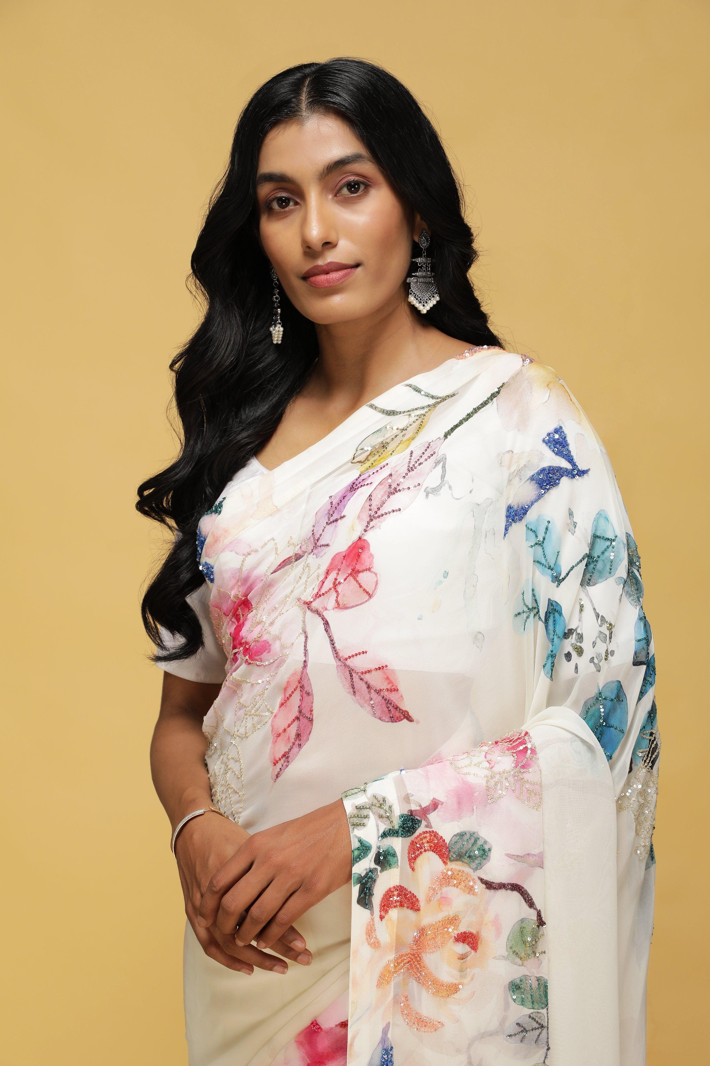Off-White Georgette Saree with Printed Sequin Border - Mokshaa