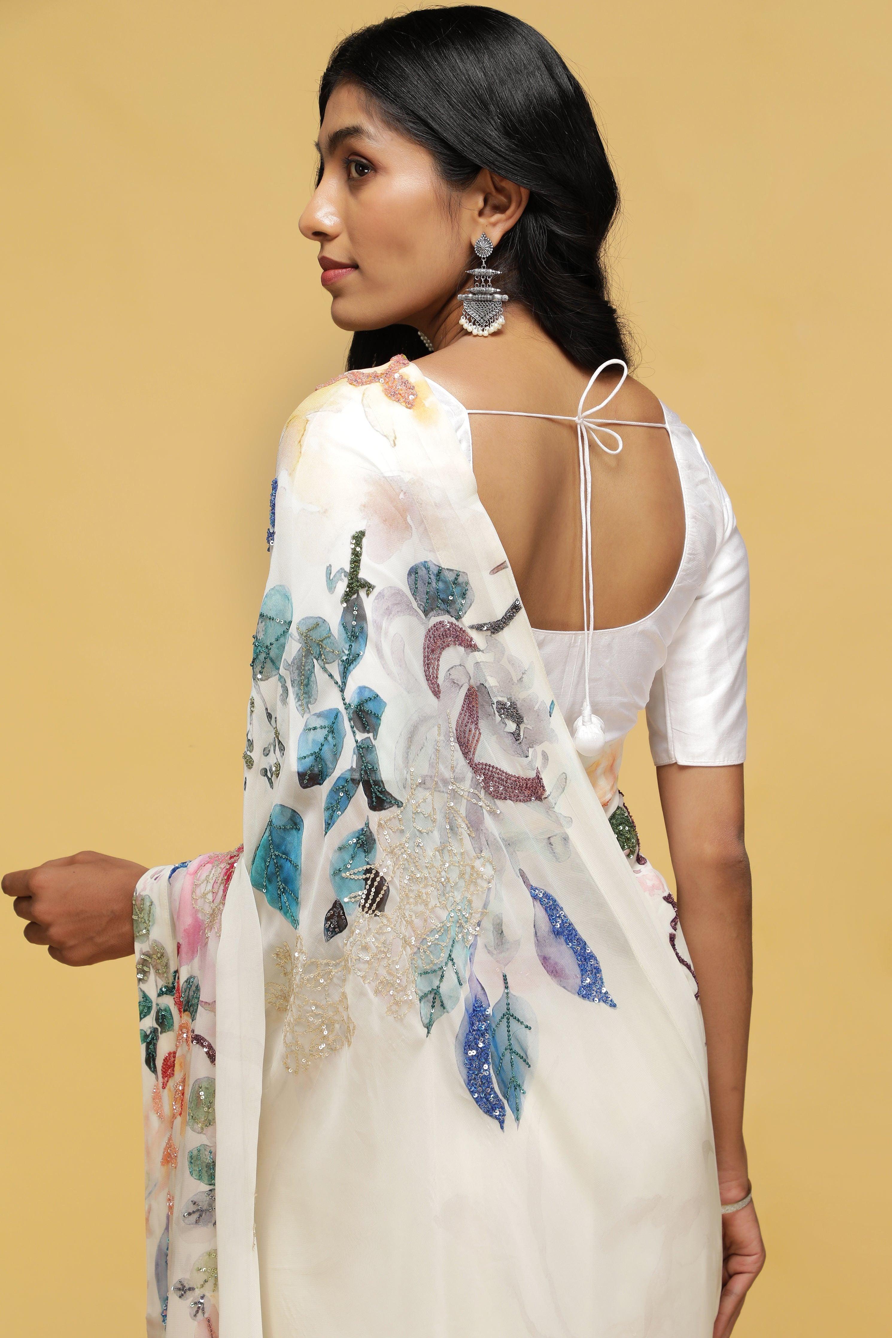 Off-White Georgette Saree with Printed Sequin Border - Mokshaa