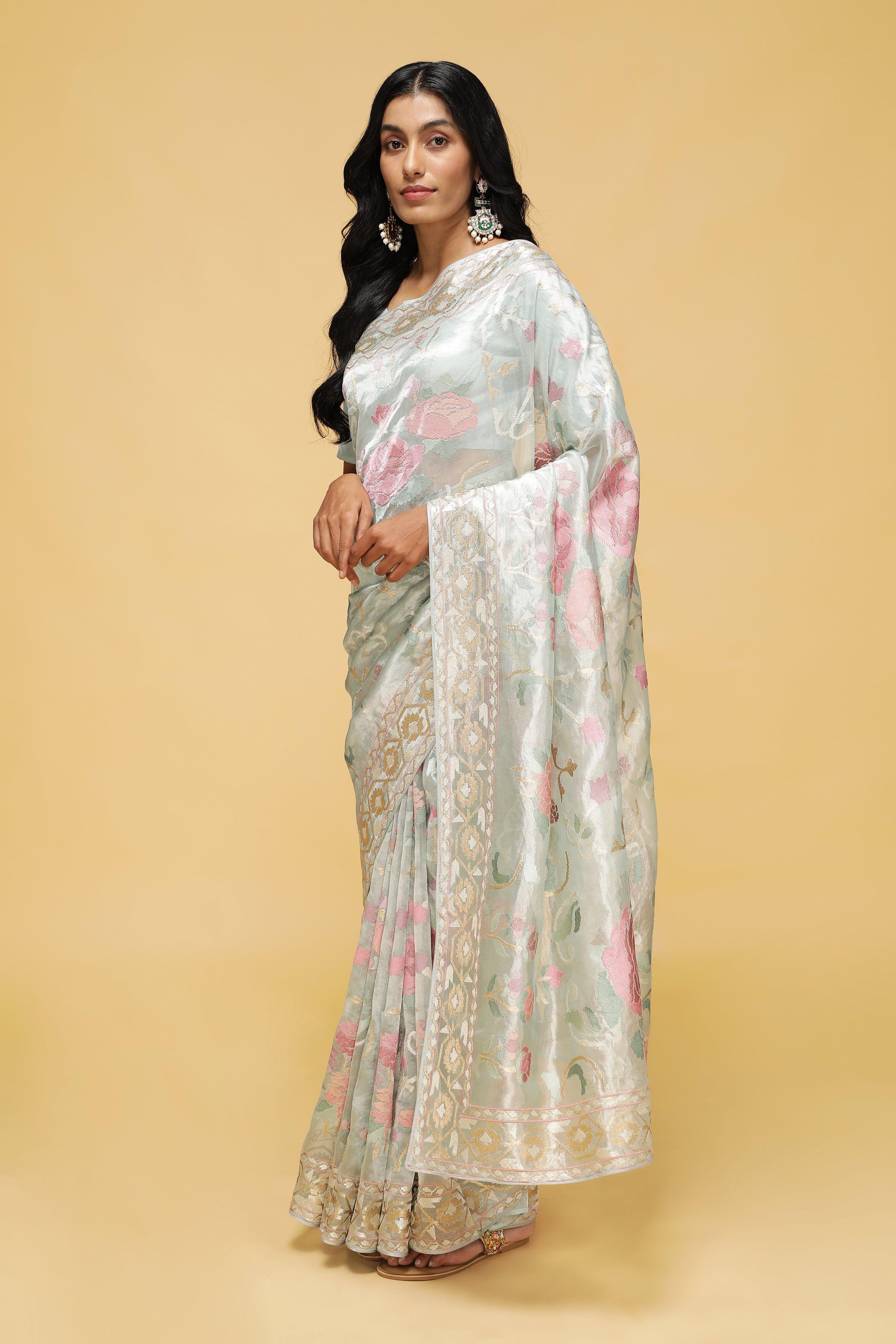Sea Green Organza Tissue Saree with Floral Zari Weaving - Mokshaa