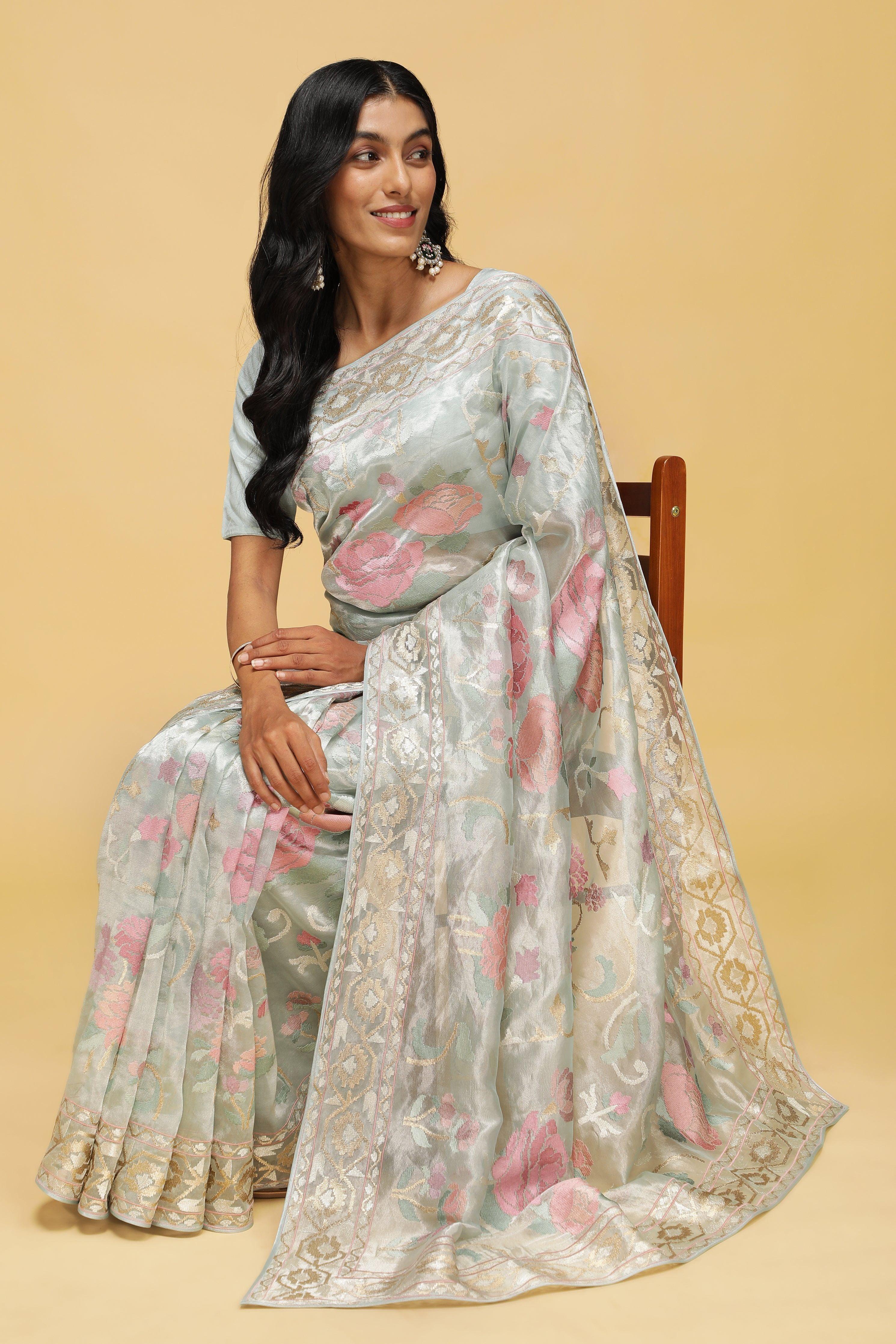 Sea Green Organza Tissue Saree with Floral Zari Weaving - Mokshaa
