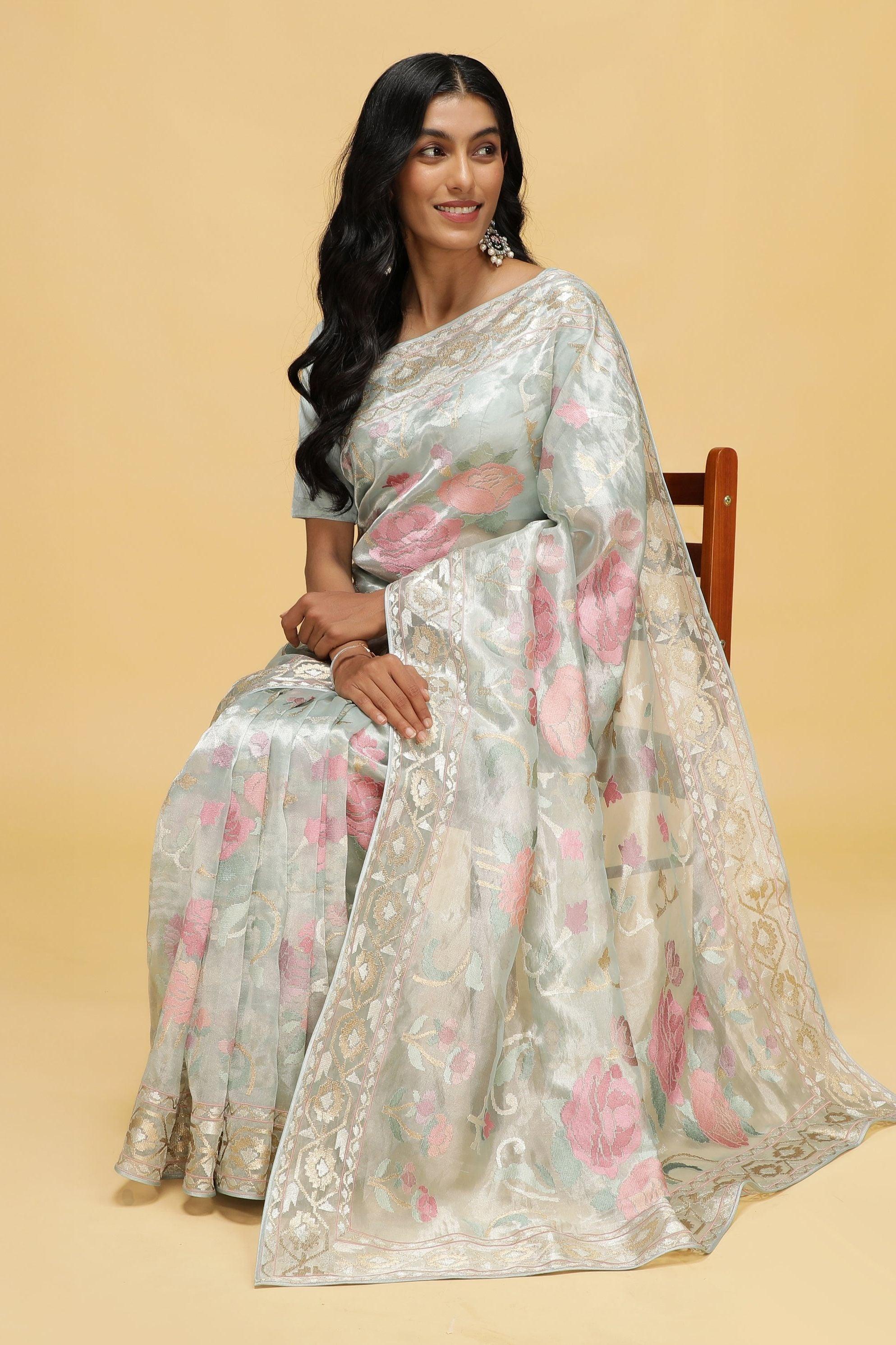Sea Green Organza Tissue Saree with Floral Zari Weaving - Mokshaa