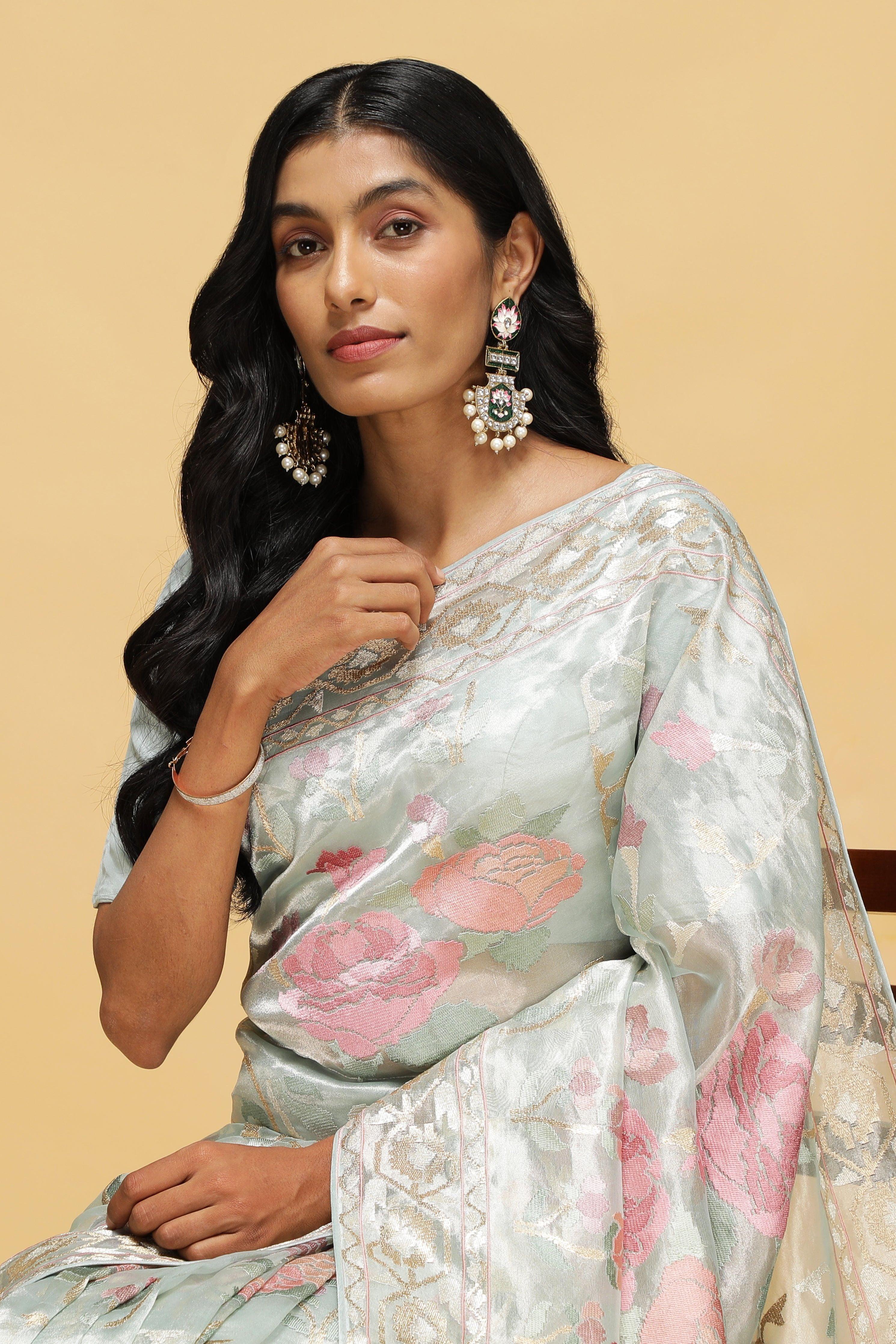Sea Green Organza Tissue Saree with Floral Zari Weaving - Mokshaa