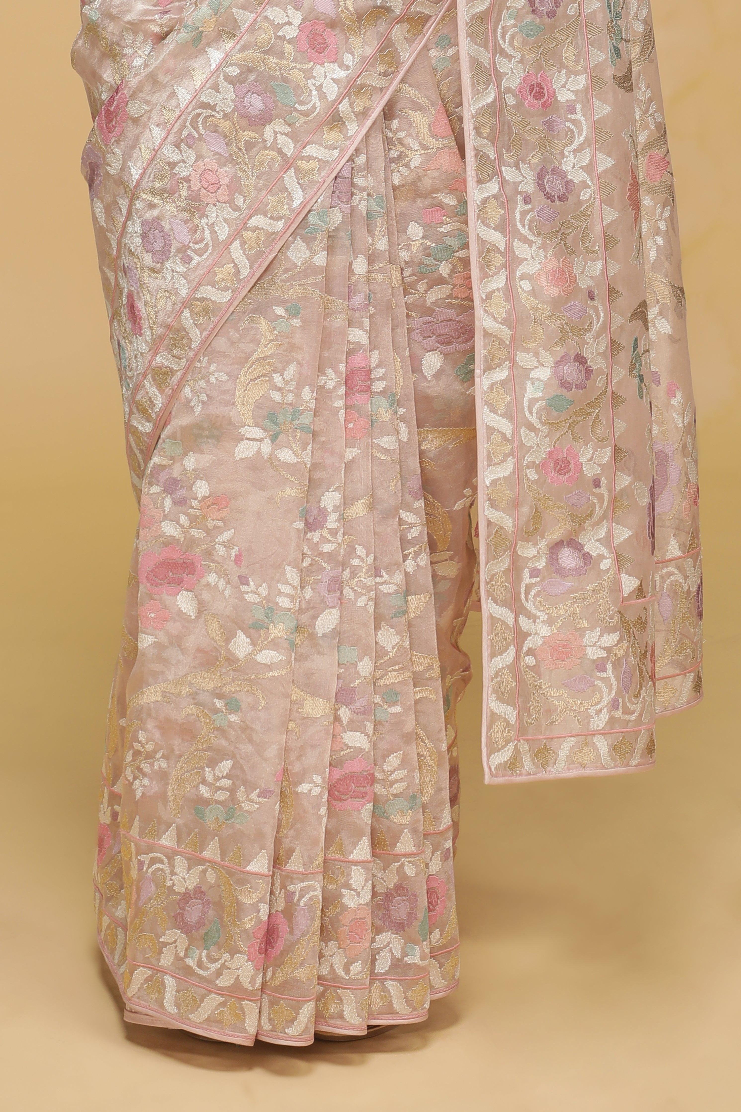 Peach Organza Tissue Saree with Zari & Thread Floral Work - Mokshaa