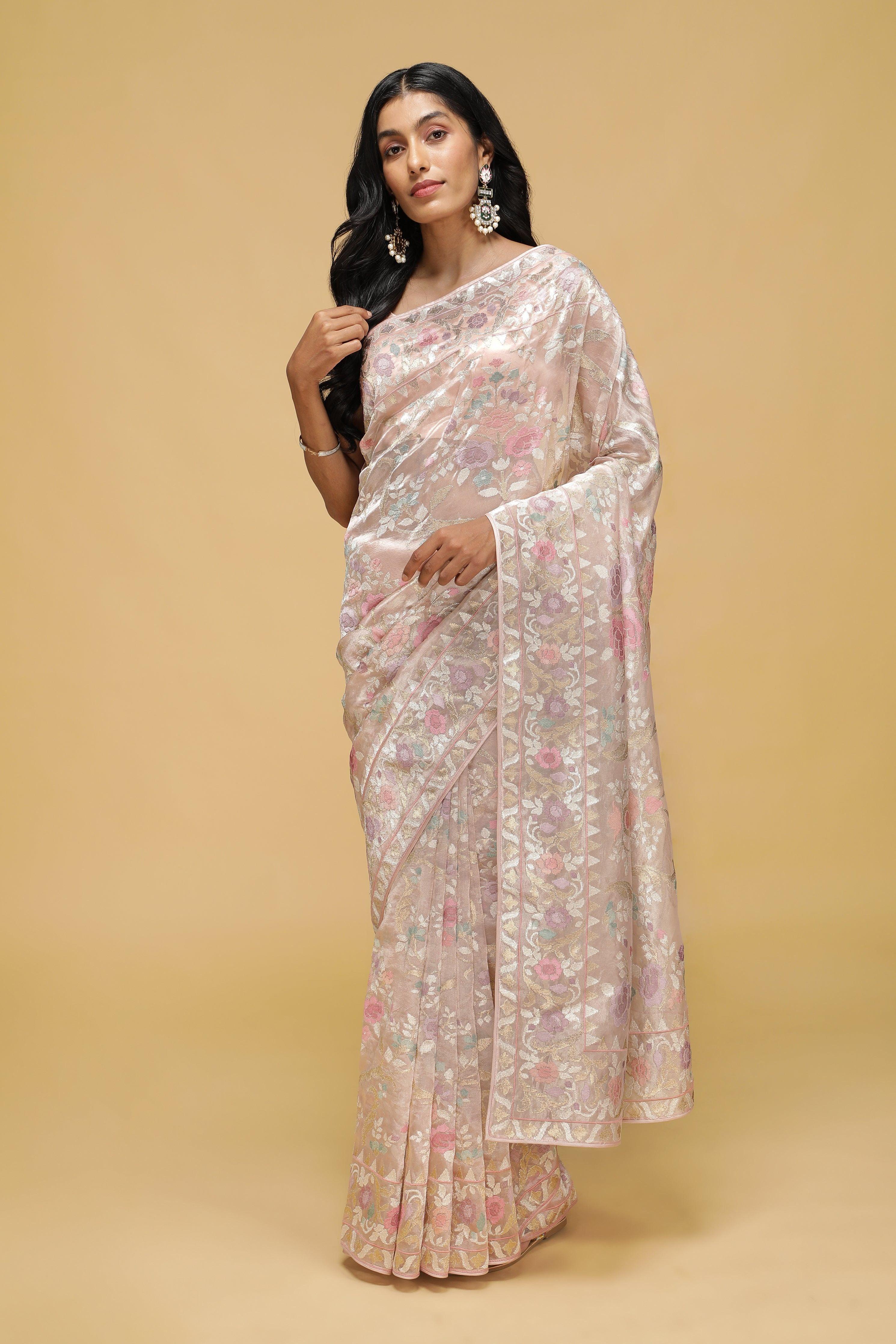 Peach Organza Tissue Saree with Zari & Thread Floral Work - Mokshaa