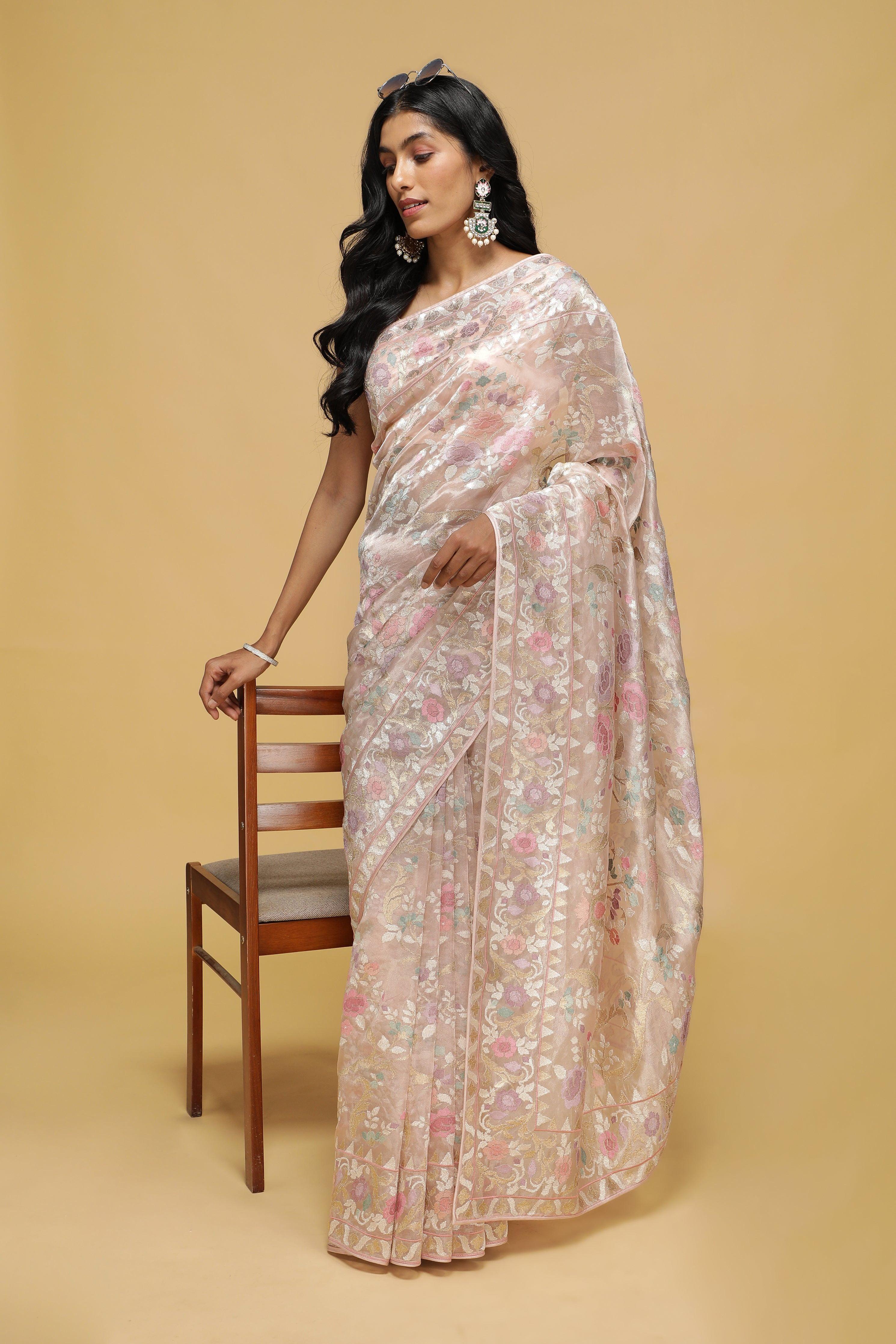 Peach Organza Tissue Saree with Zari & Thread Floral Work - Mokshaa