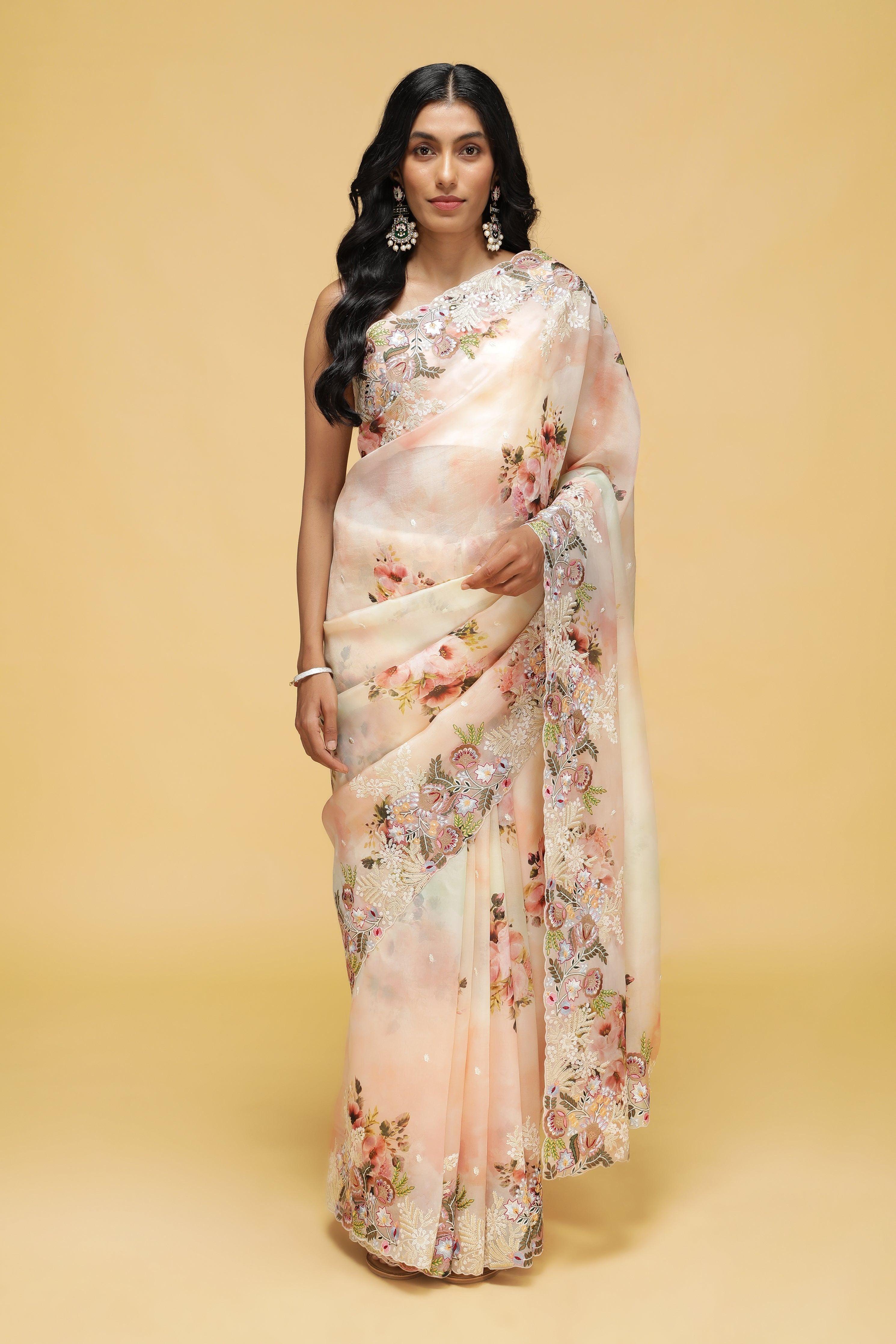 Peach-Green Organza Saree with Floral Thread Embroidery - Mokshaa