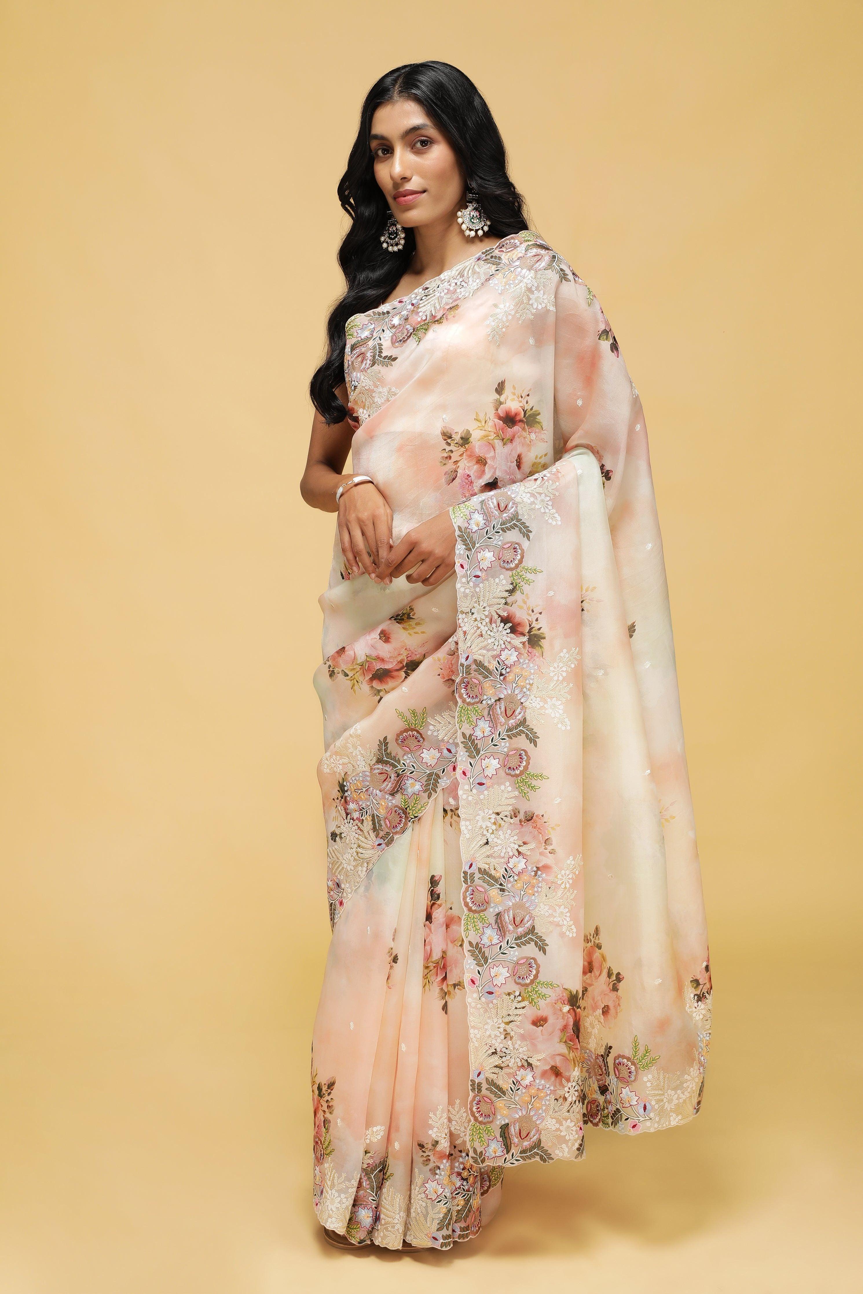Peach-Green Organza Saree with Floral Thread Embroidery - Mokshaa
