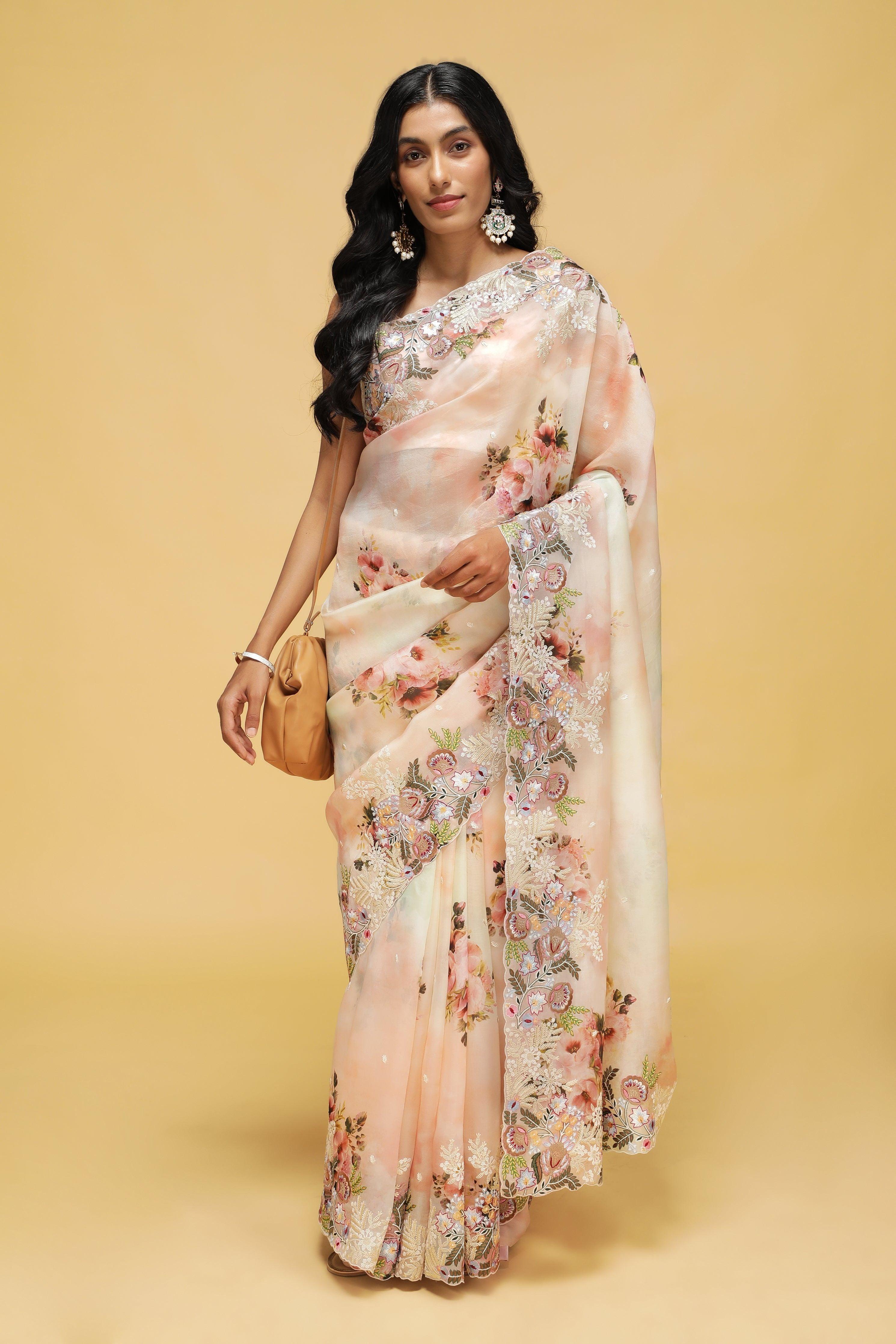 Peach-Green Organza Saree with Floral Thread Embroidery - Mokshaa