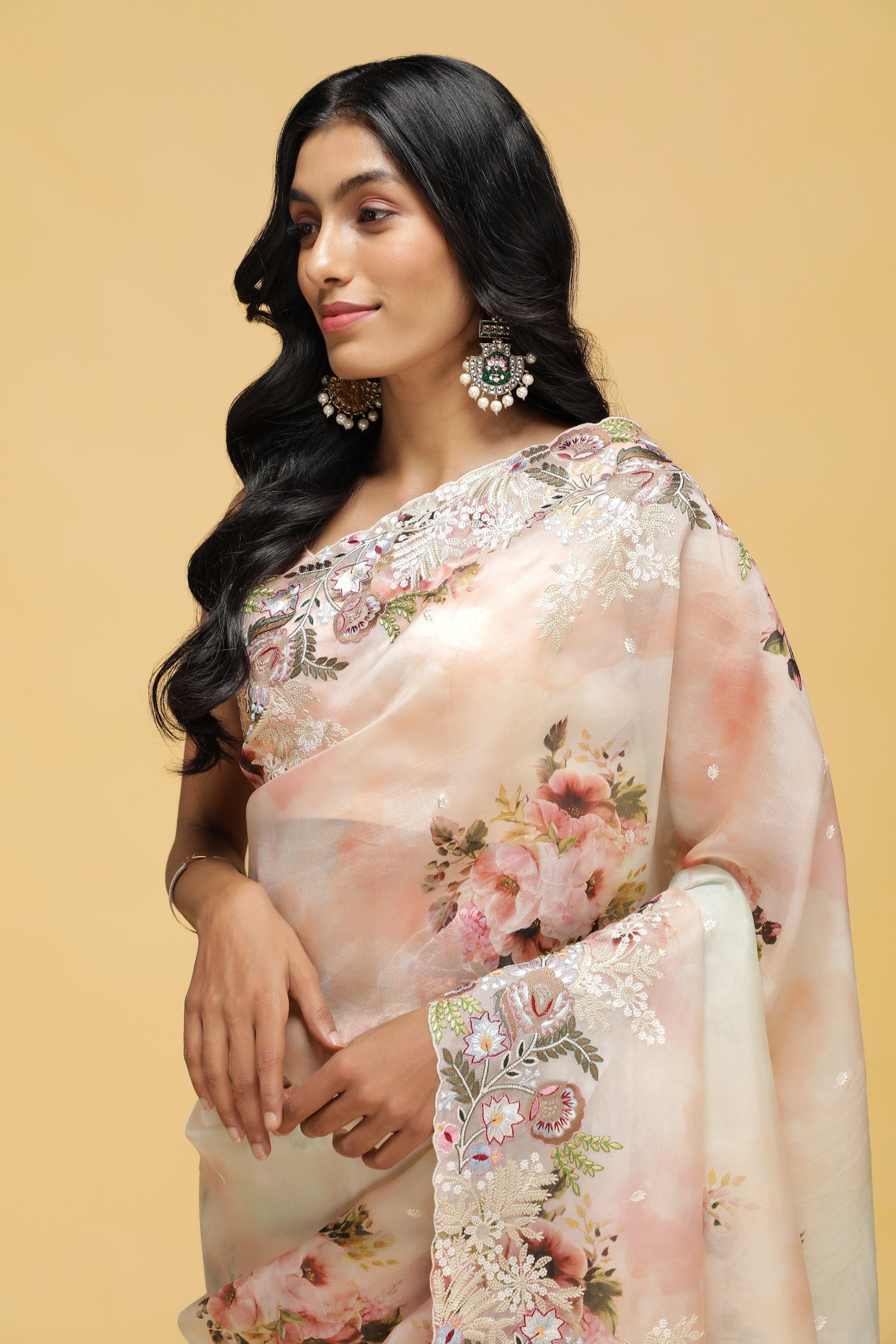 Peach-Green Organza Saree with Floral Thread Embroidery - Mokshaa