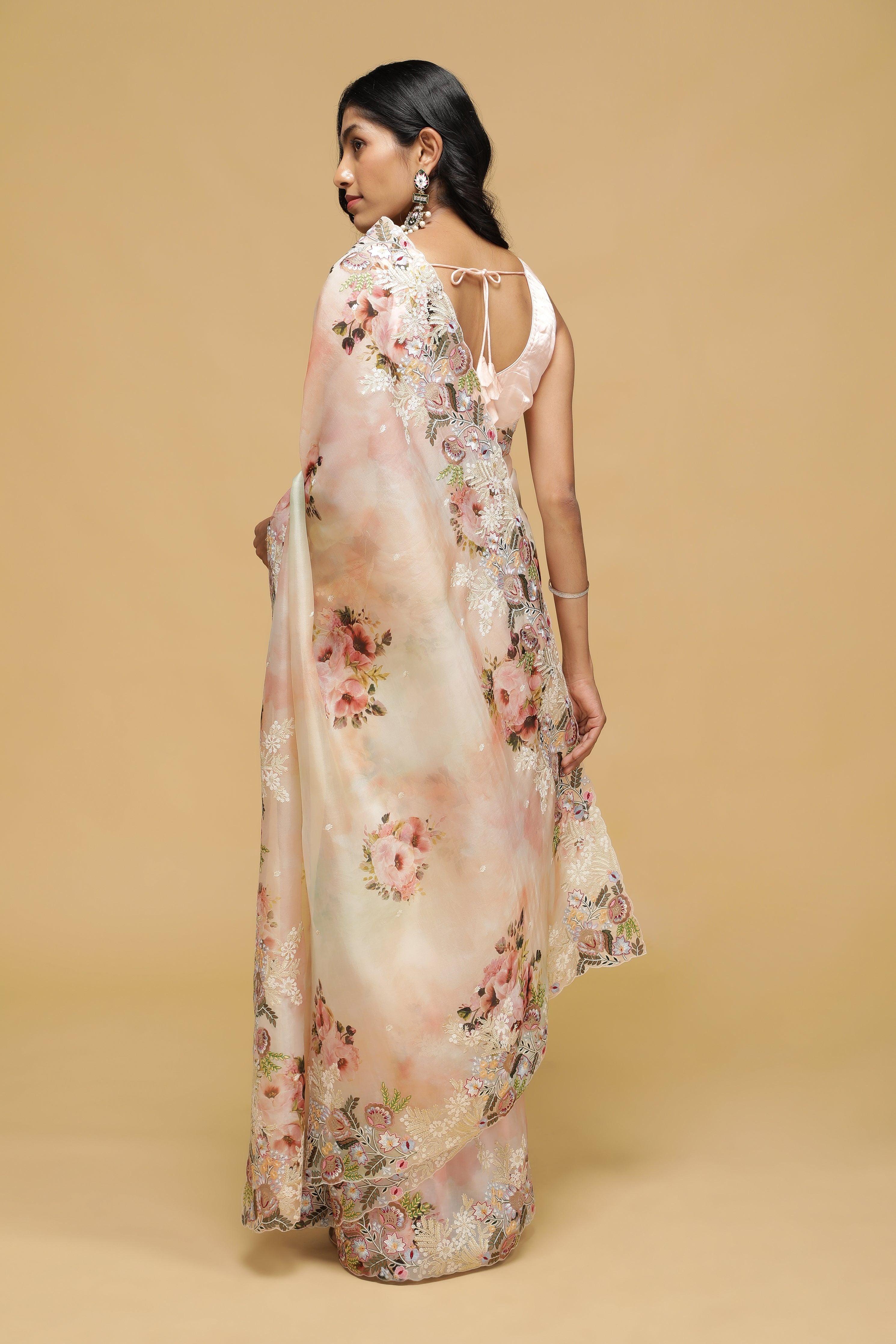 Peach-Green Organza Saree with Floral Thread Embroidery - Mokshaa