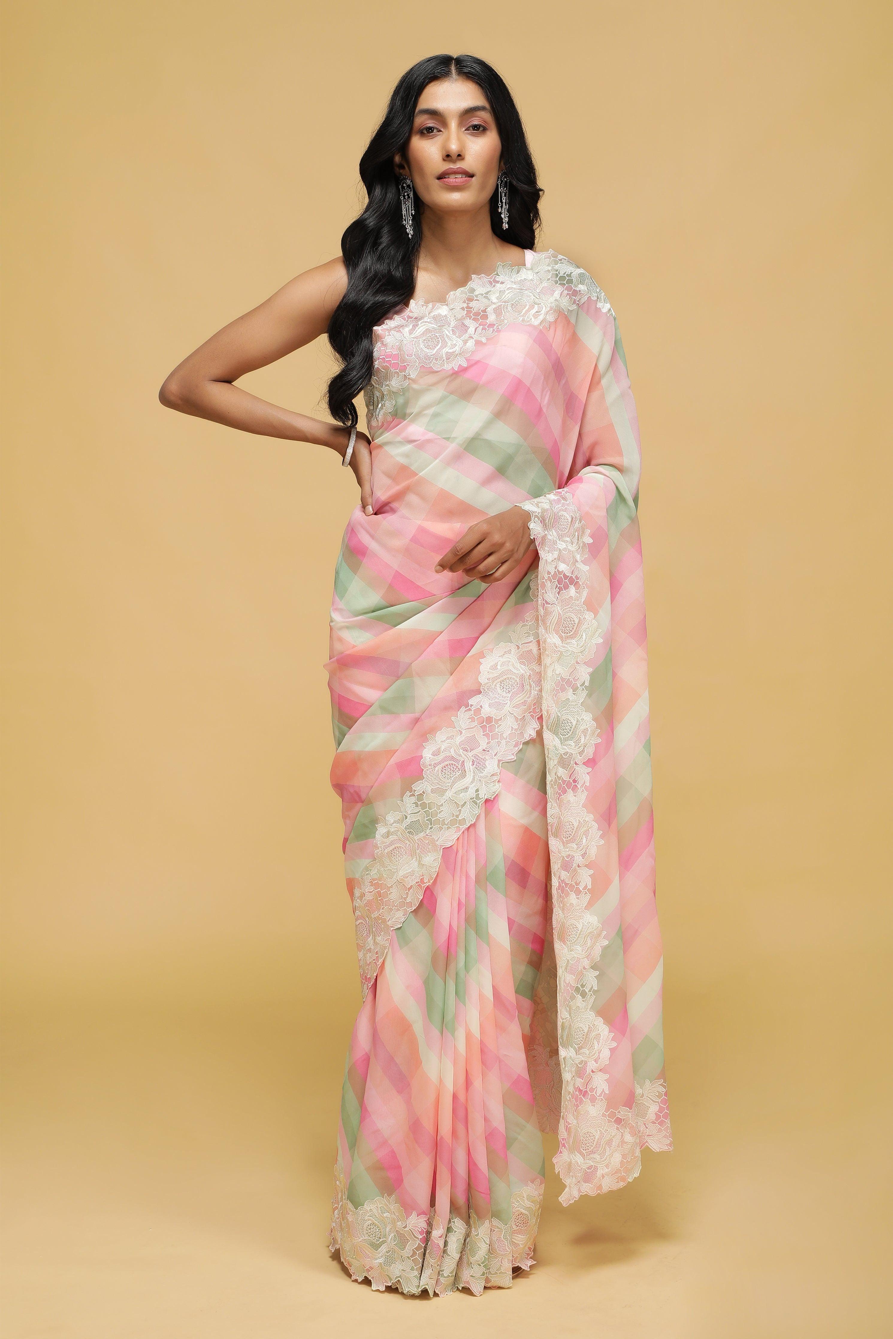 Peach-Pink Multicolour Georgette Saree with Thread Lace Border - Mokshaa