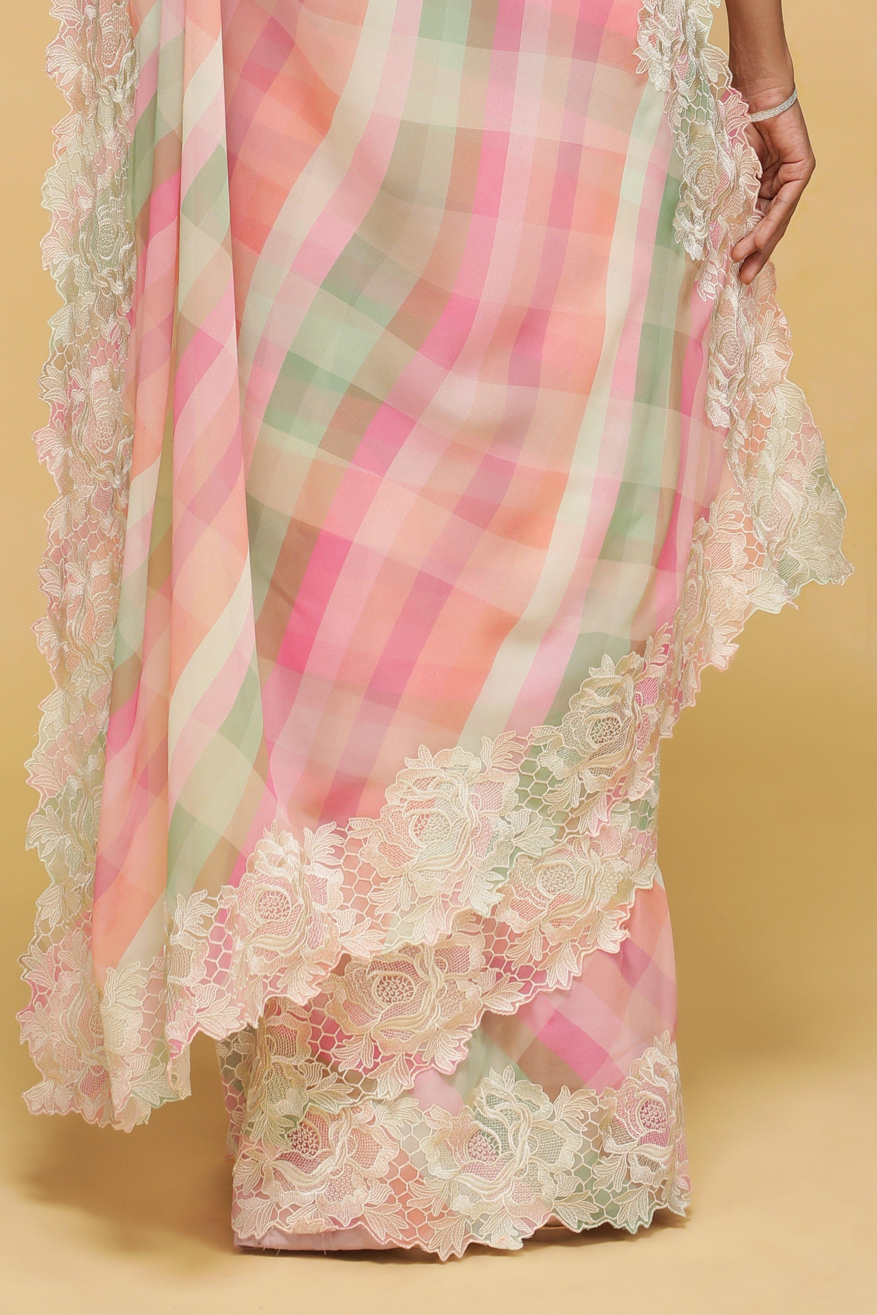 Peach-Pink Multicolour Georgette Saree with Thread Lace Border - Mokshaa