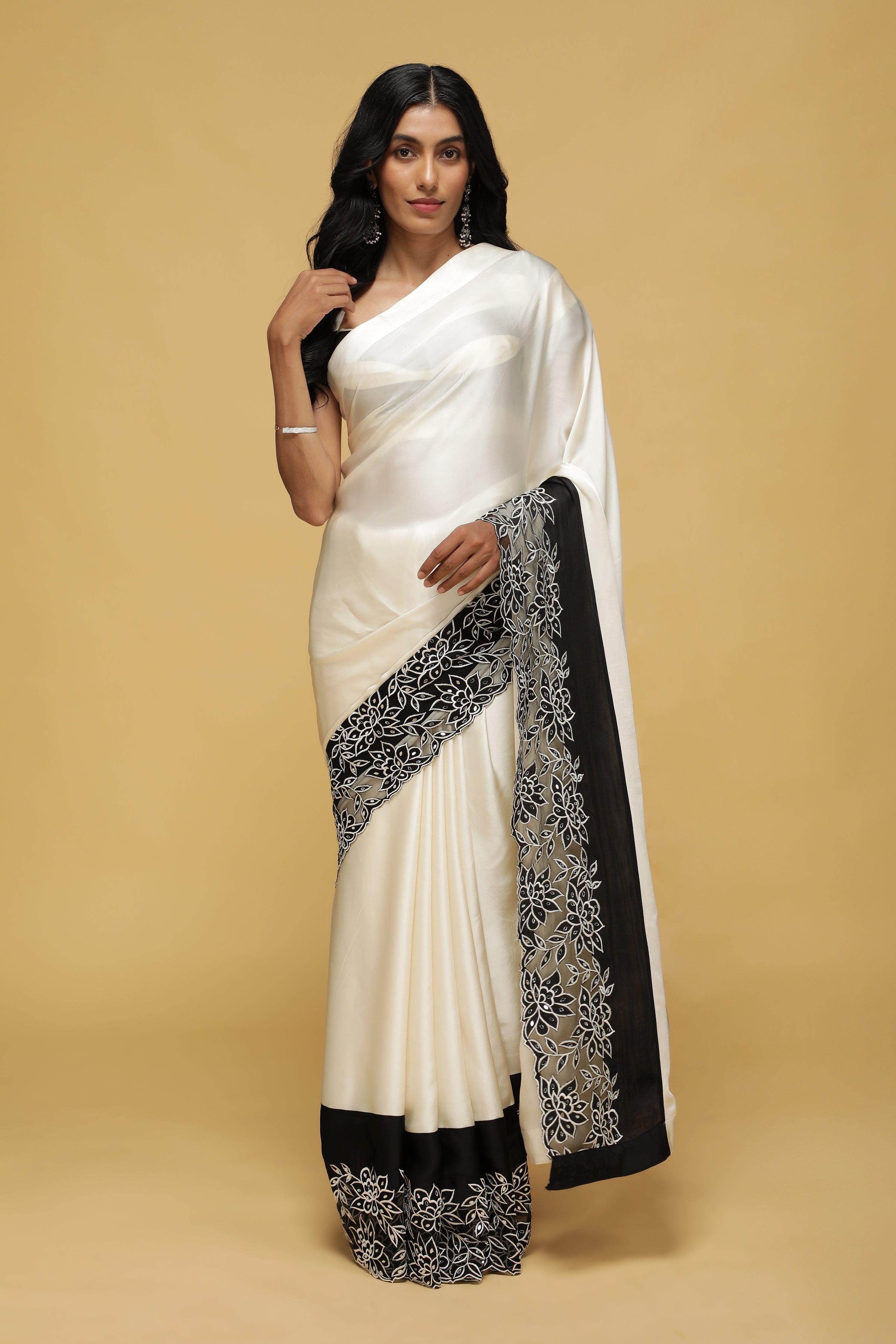 Off-White Satin Saree with Black Mirror & Thread Embroidery Border - Mokshaa