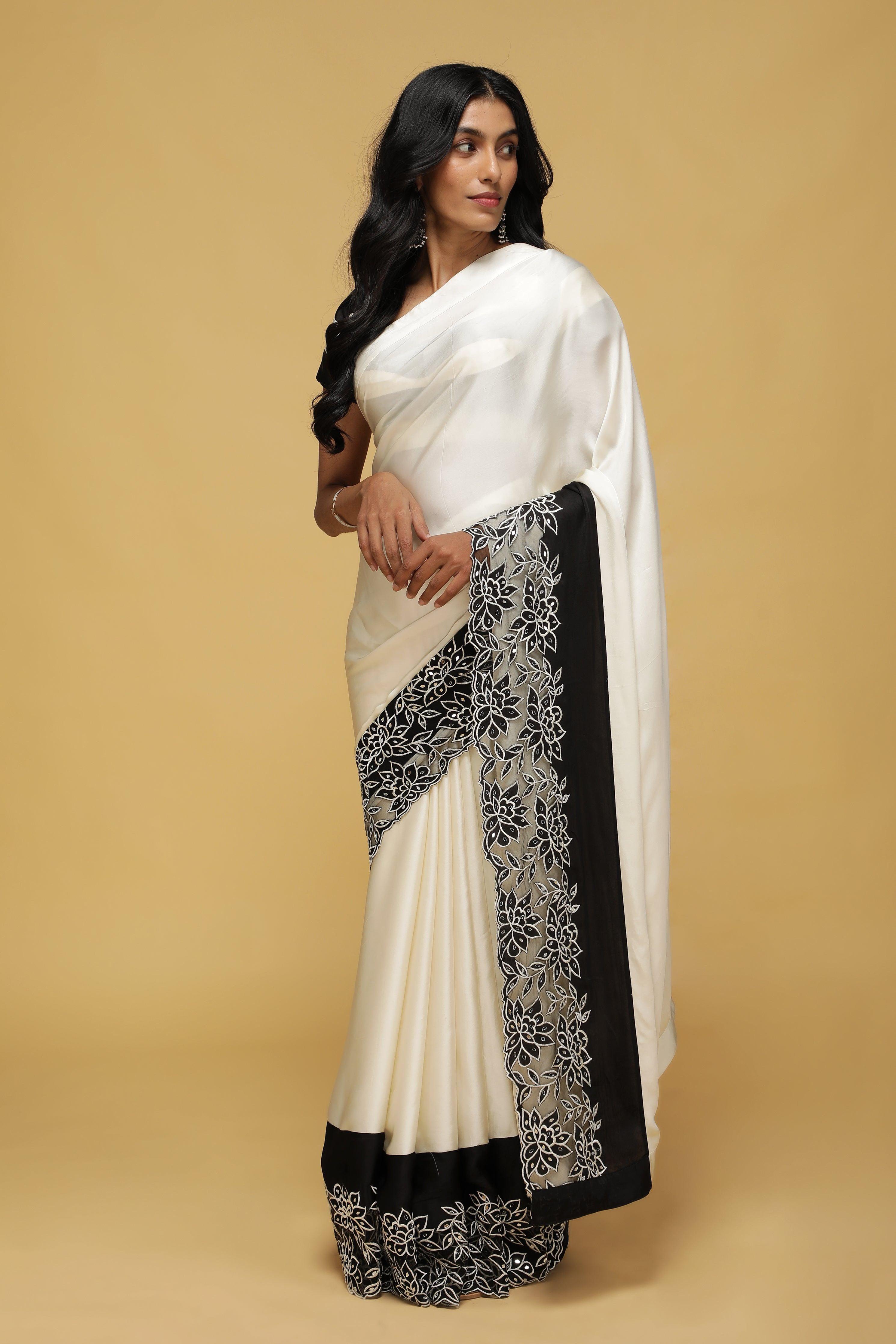 Off-White Satin Saree with Black Mirror & Thread Embroidery Border - Mokshaa