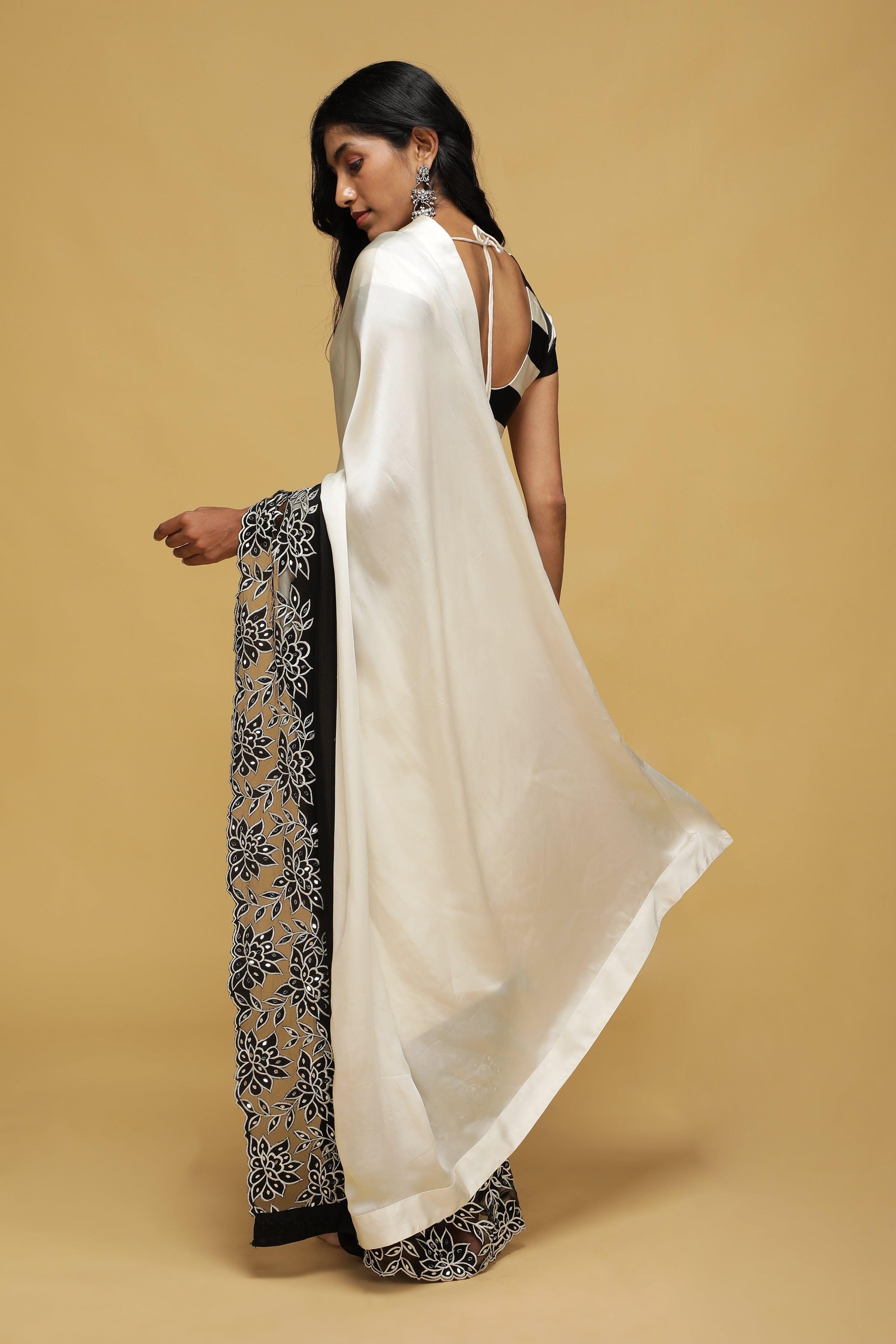 Off-White Satin Saree with Black Mirror & Thread Embroidery Border - Mokshaa