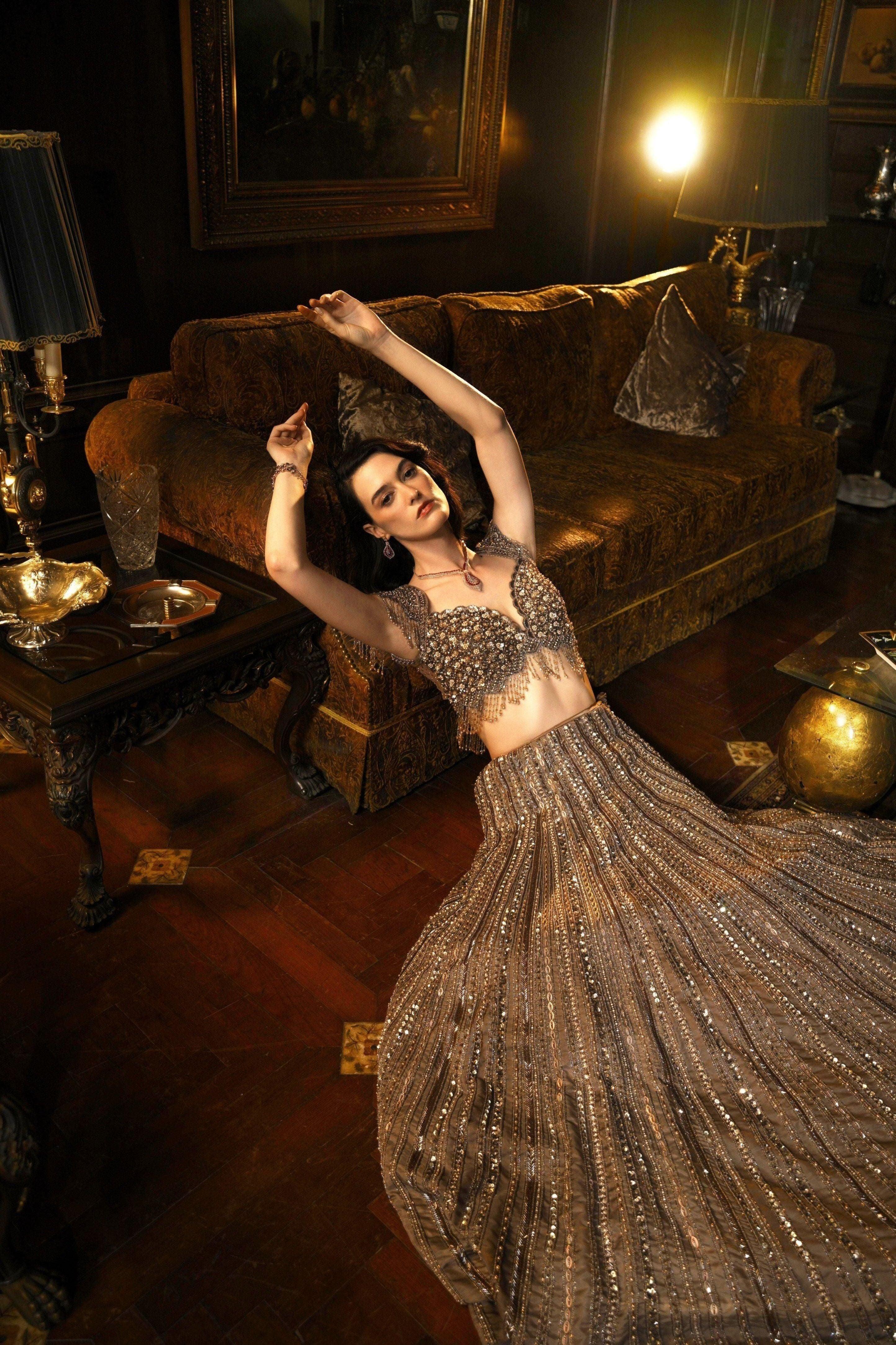 Coffee Brown Tissue Organza Lehenga Set - Mokshaa
