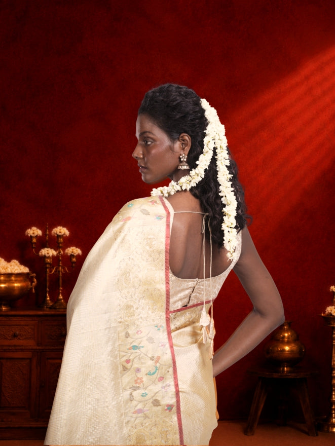 Cream Kanchipuram Silk Saree - Mokshaa