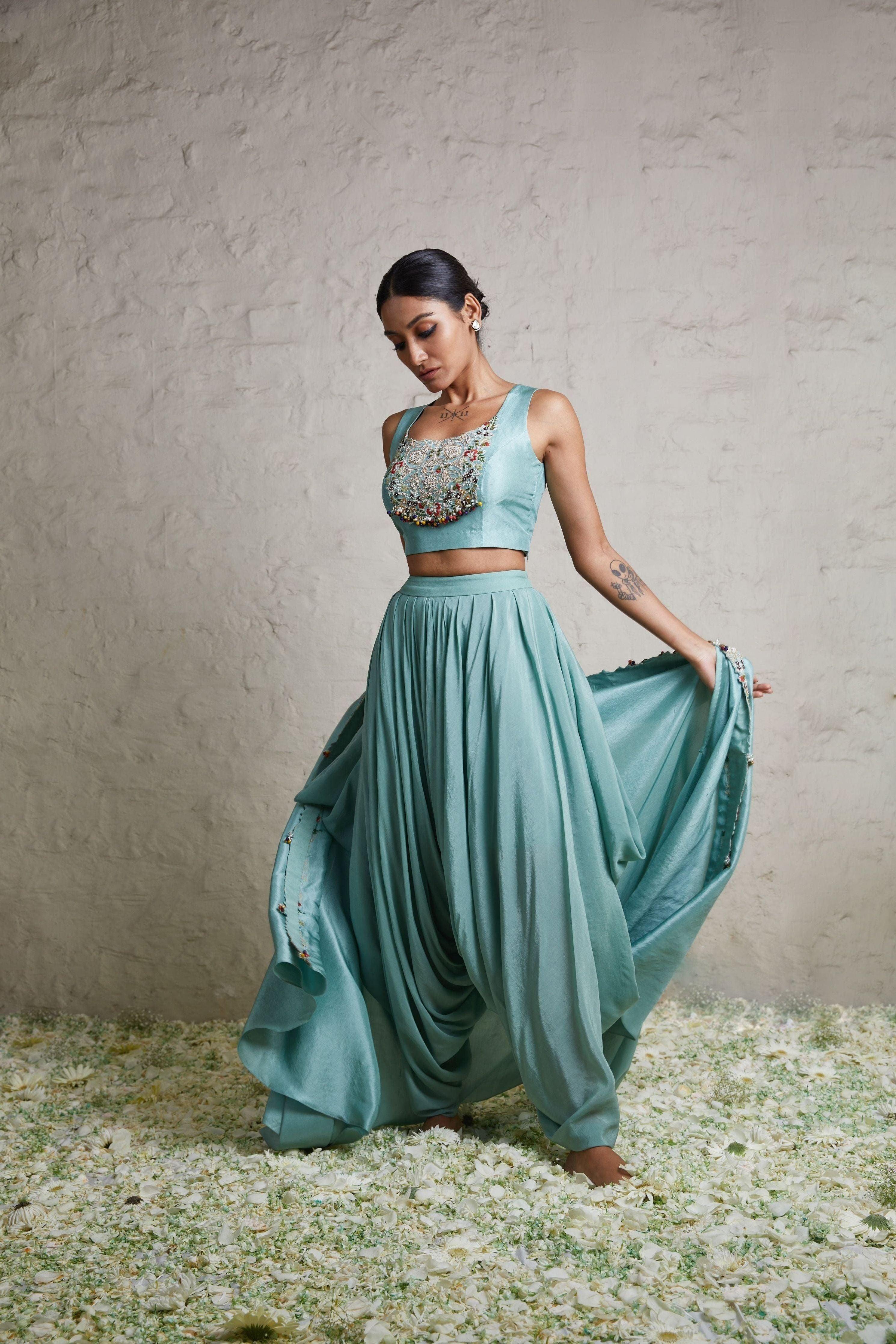 Aqua Silk Blouse With Silk Jacket And Crepe Dhoti - Mokshaa