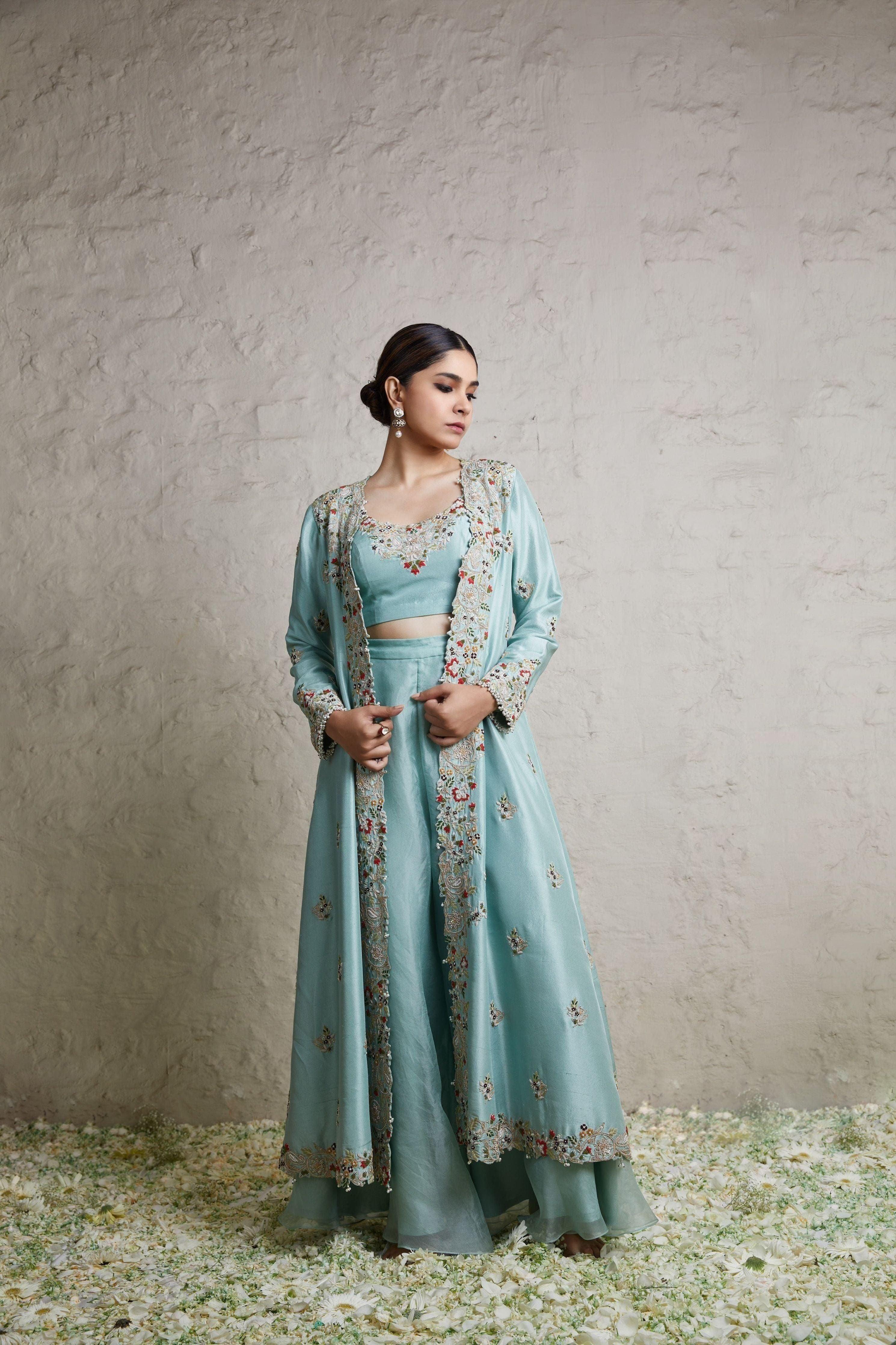 Aqua Silk Blouse With Silk Jacket And Organza Sharara - Mokshaa