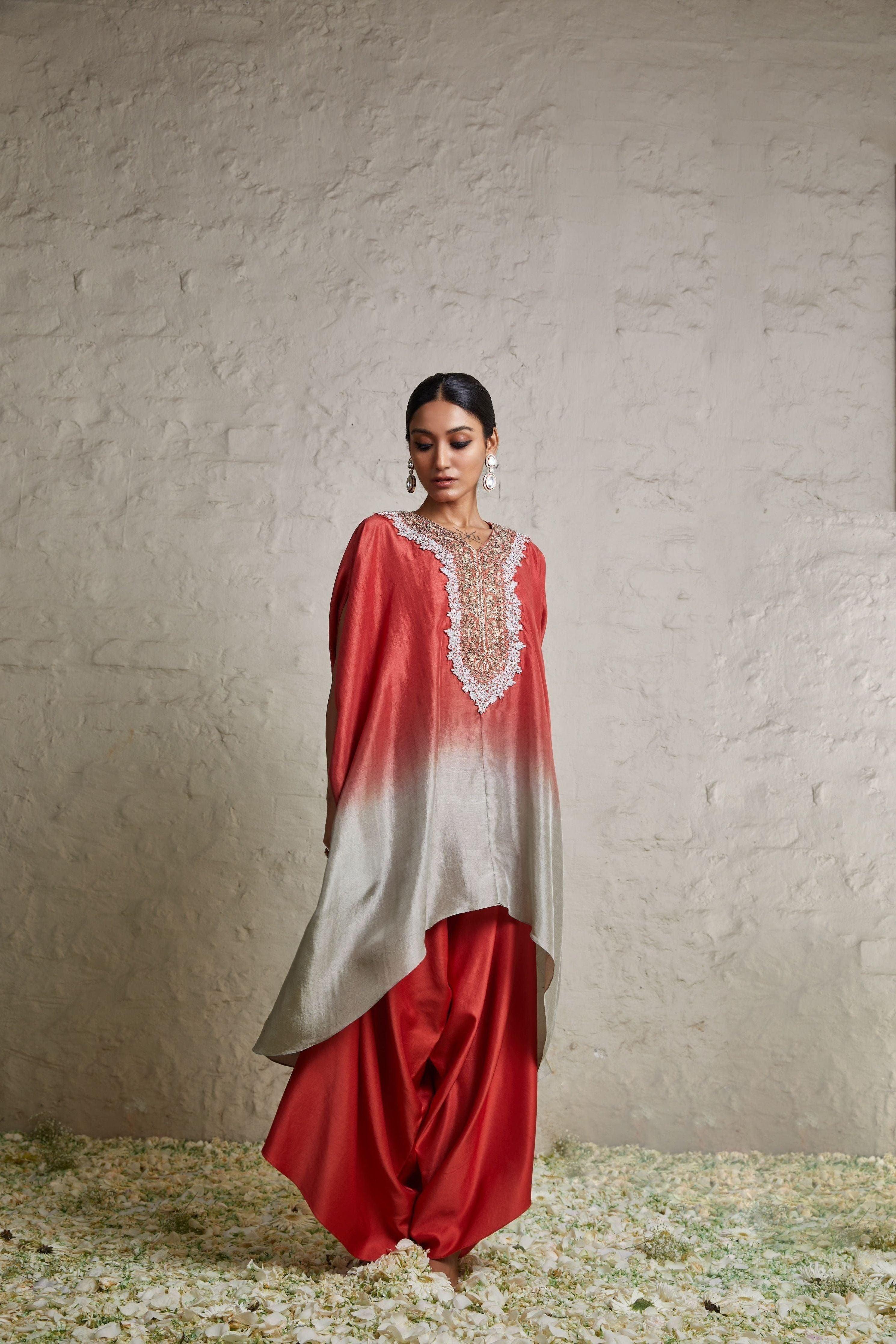 Burnt Orange Silk Ombre Kaftaan With Cotton Satin Asymmetric Pant - Mokshaa