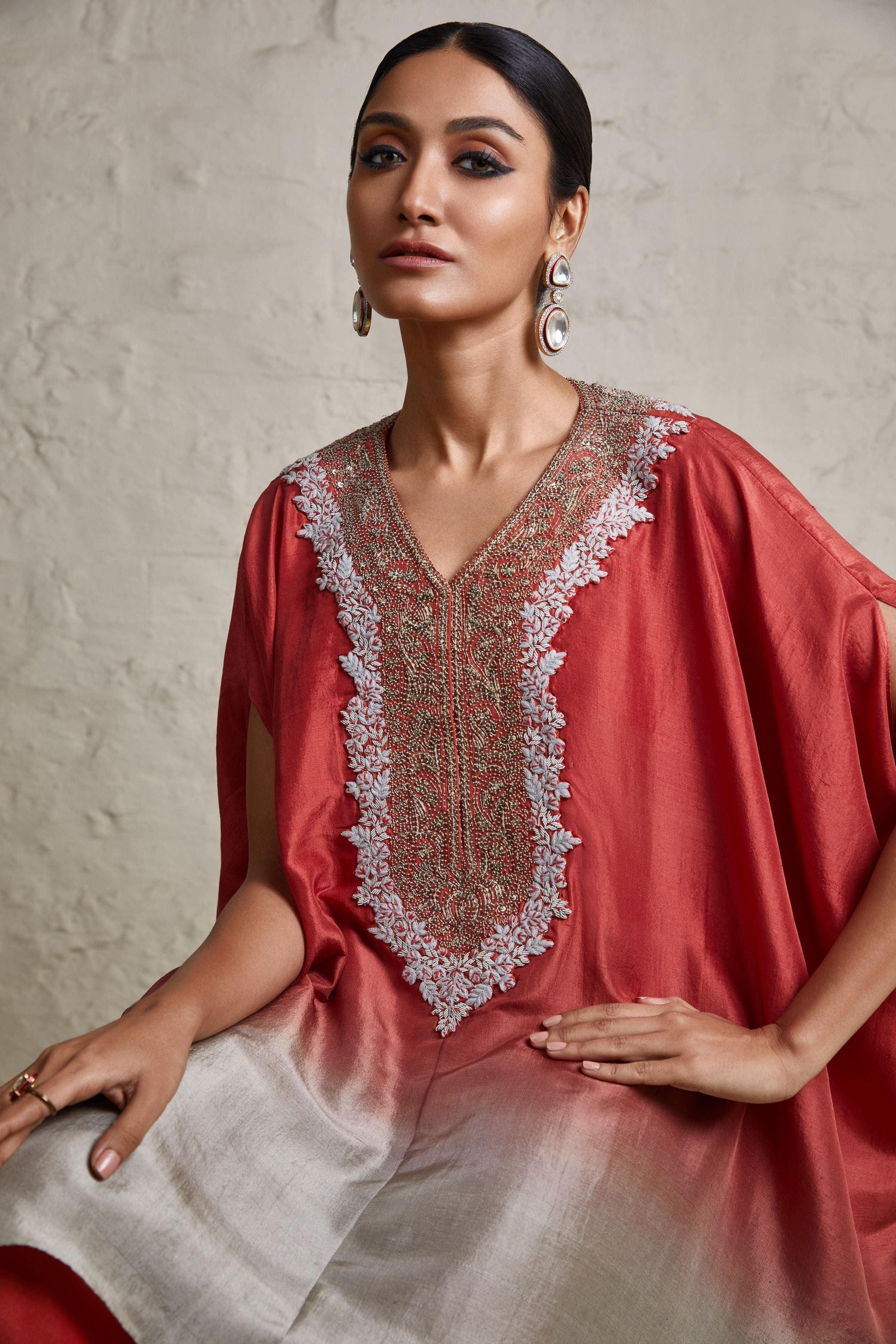 Burnt Orange Silk Ombre Kaftaan With Cotton Satin Asymmetric Pant - Mokshaa