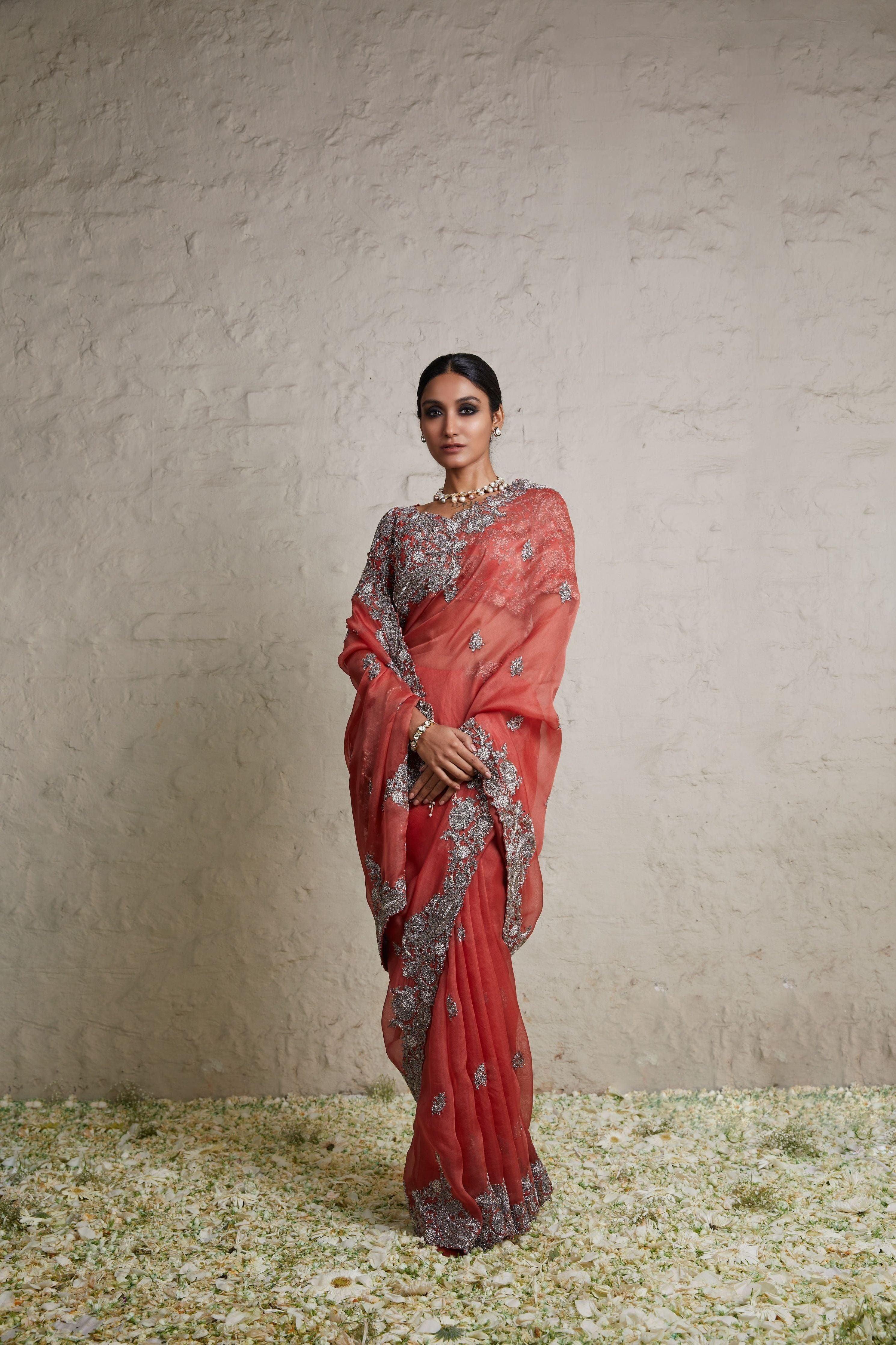 Burnt Orange Silk Blouse With Organza Saree - Mokshaa